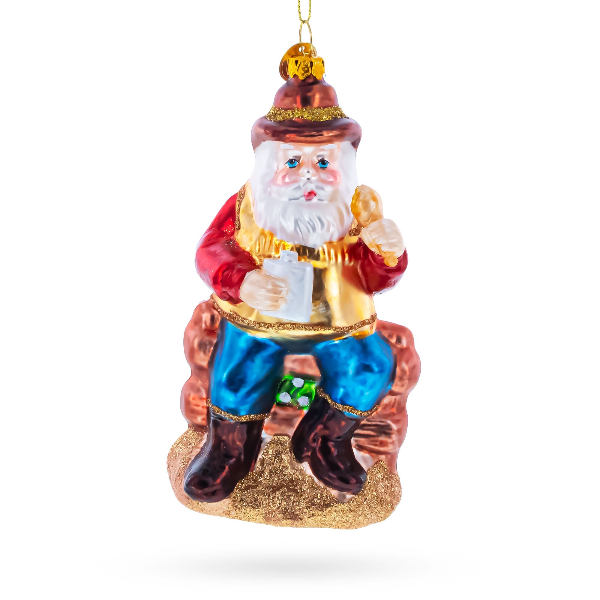 Cowboy Santa with Drink and Drumstick Glass Christmas Ornament