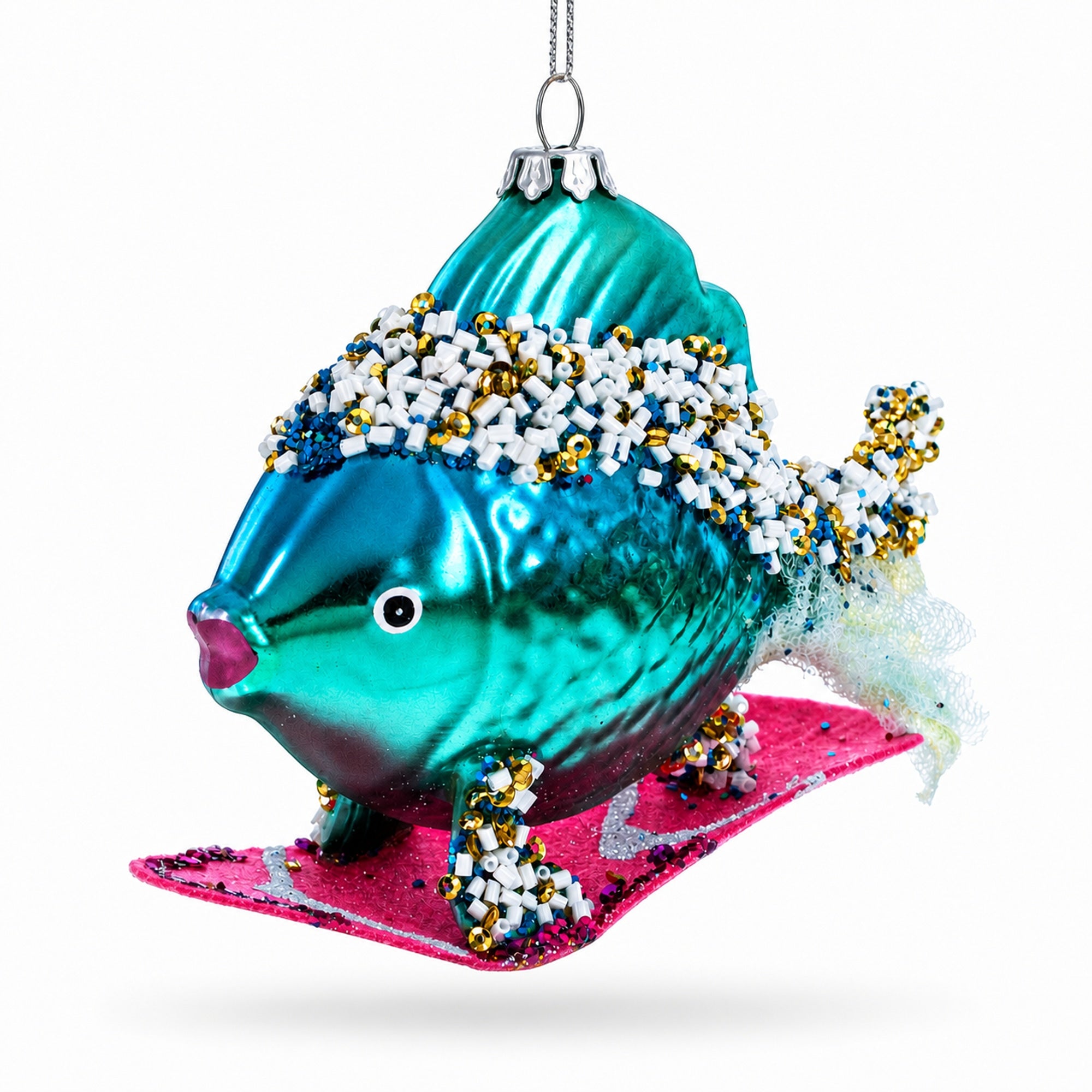 Cool Blue Fish Surfing Wave Glass Christmas Ornament