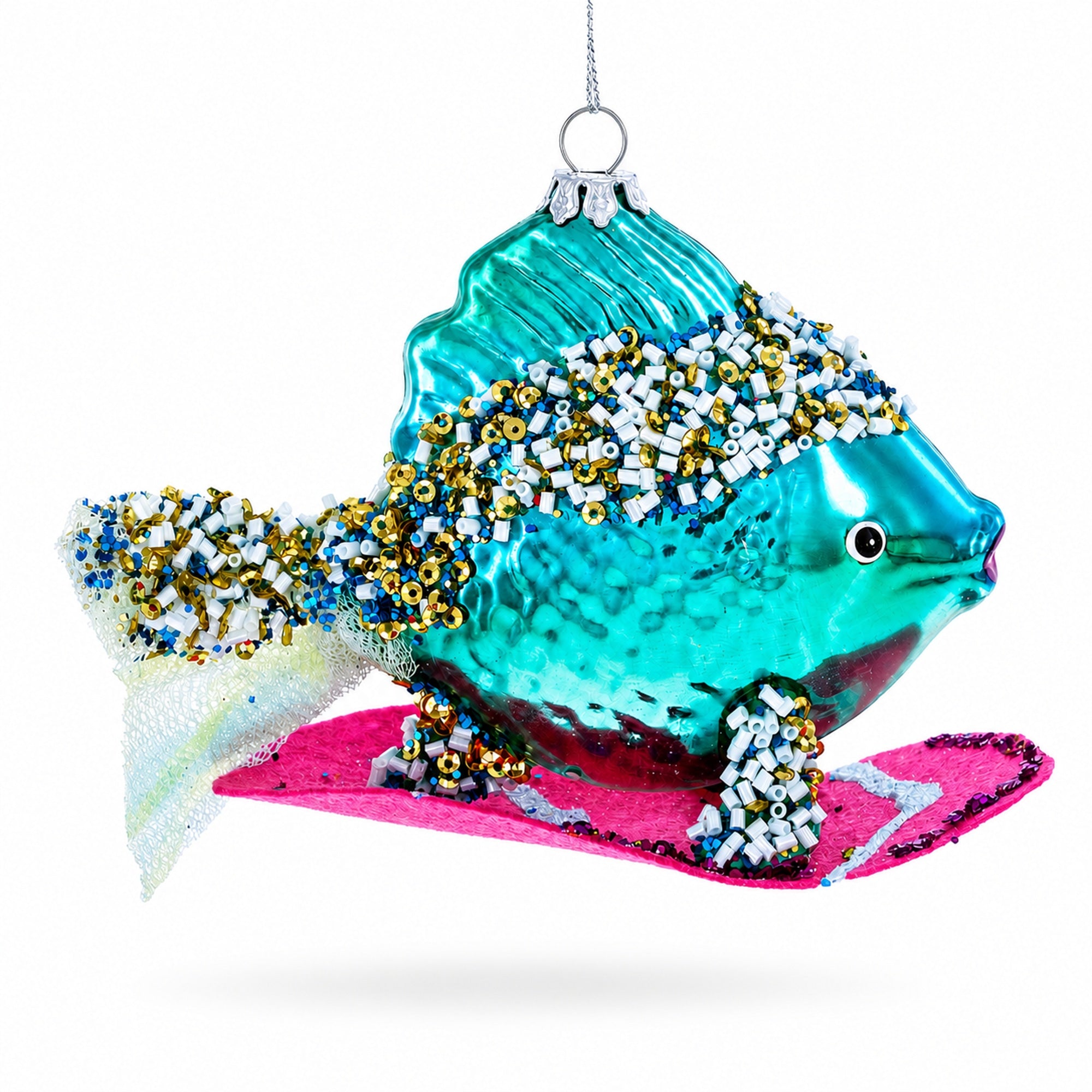 Cool Blue Fish Surfing Wave Glass Christmas Ornament