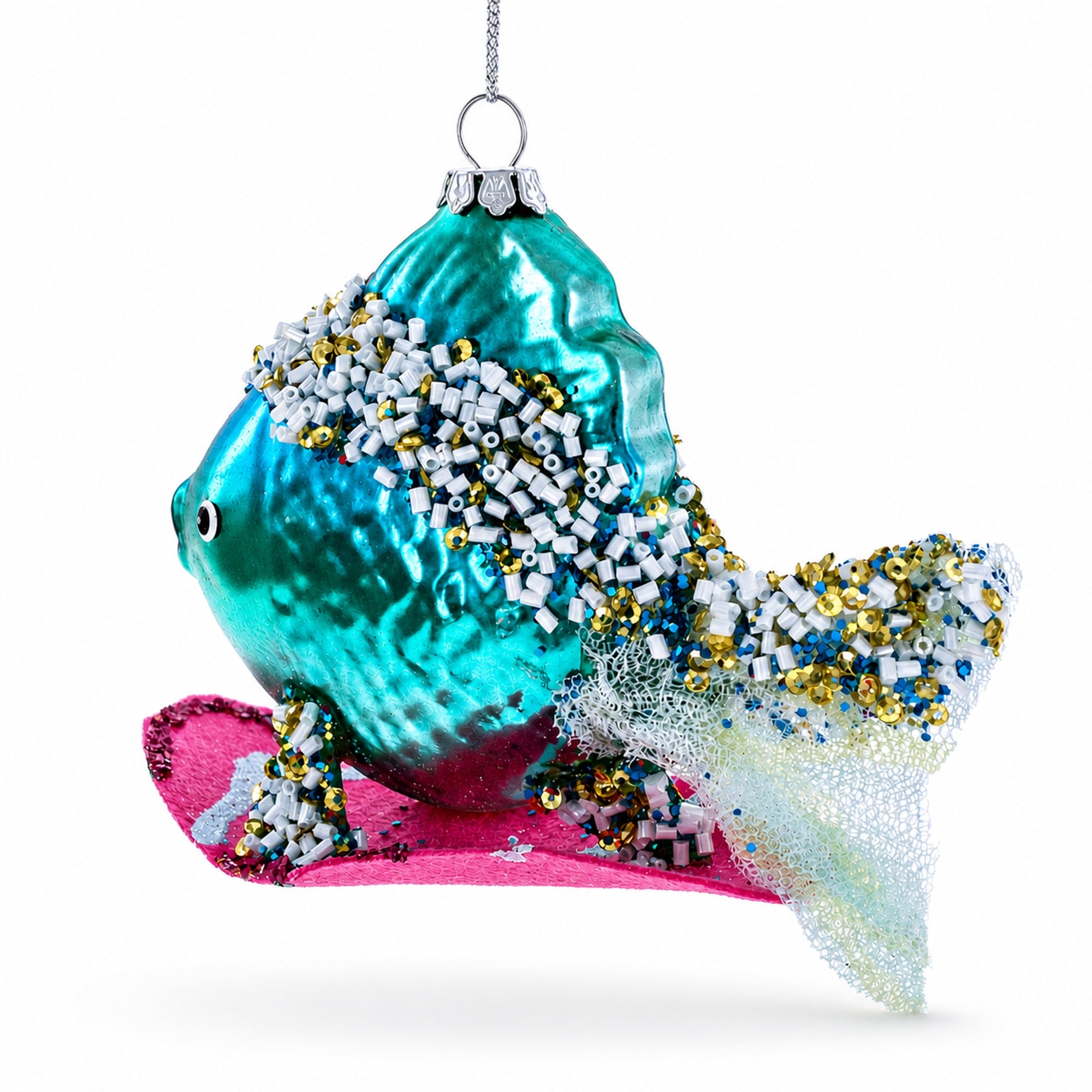 Cool Blue Fish Surfing Wave Glass Christmas Ornament