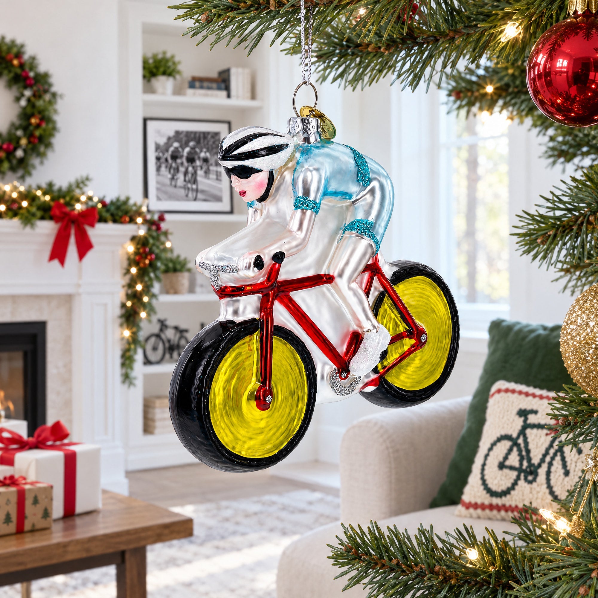 Cycling Sportsman on Bicycle Glass Christmas Ornament