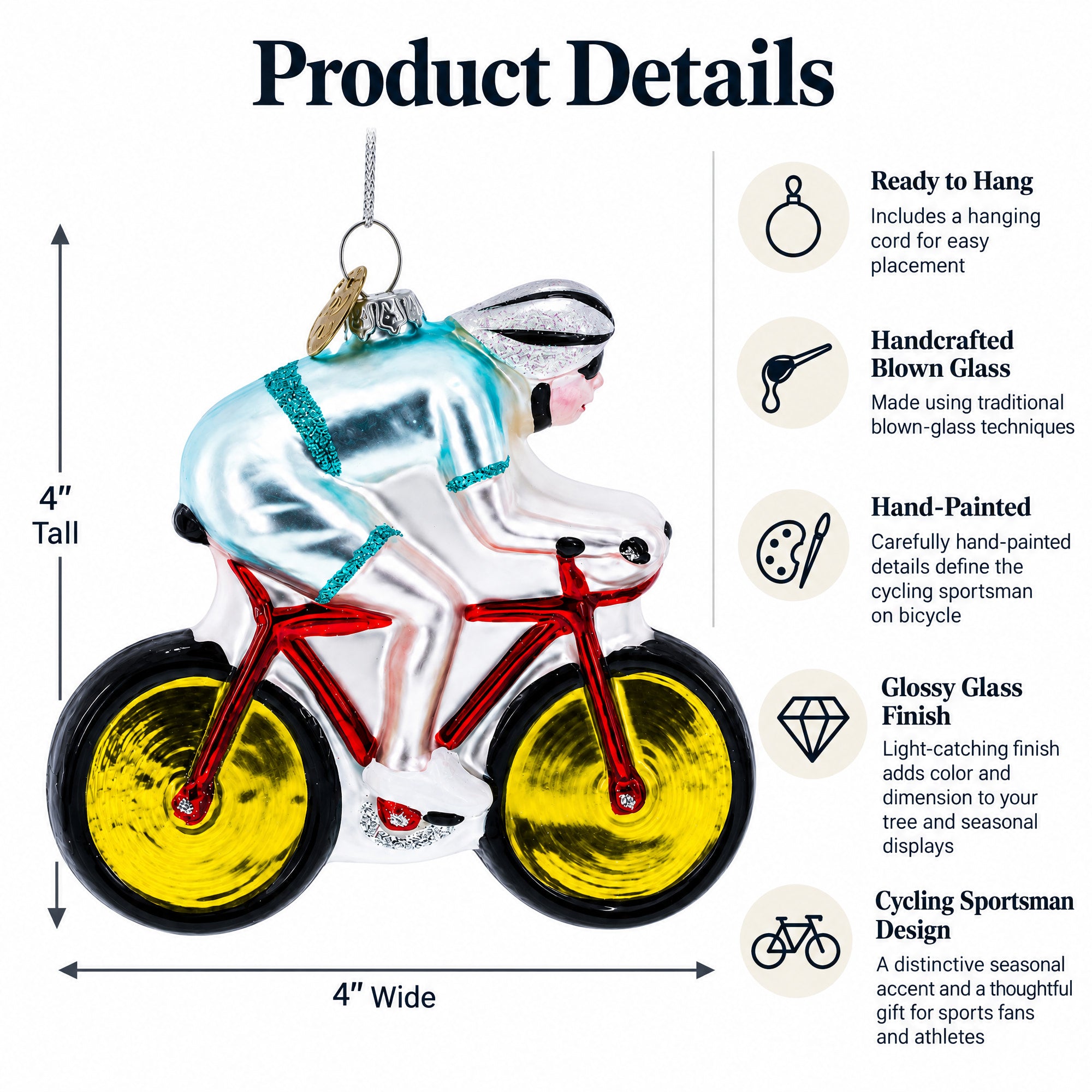 Cycling Sportsman on Bicycle Glass Christmas Ornament