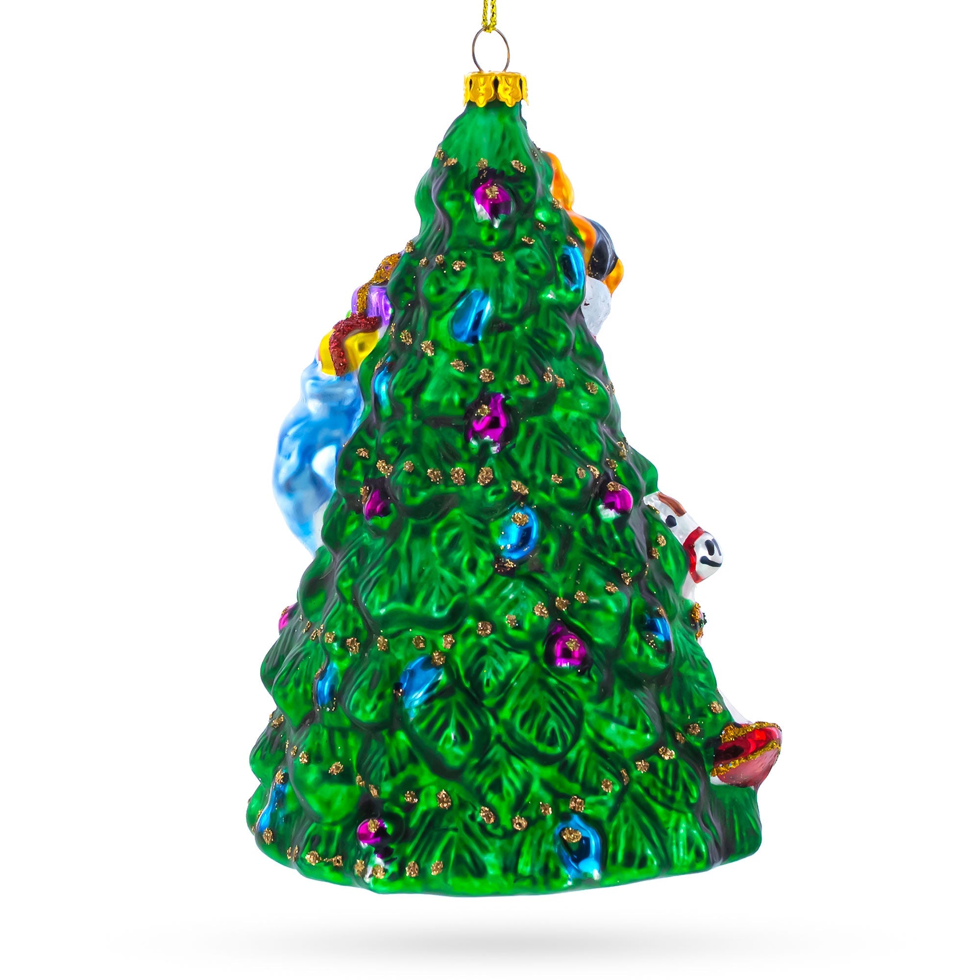 Santa with Christmas Tree and Gifts Glass Ornament