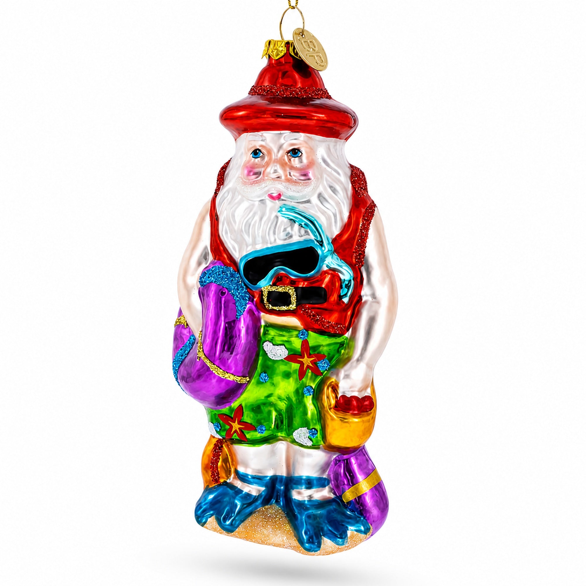 Tropical Diver Santa on the Beach Glass Christmas Ornament