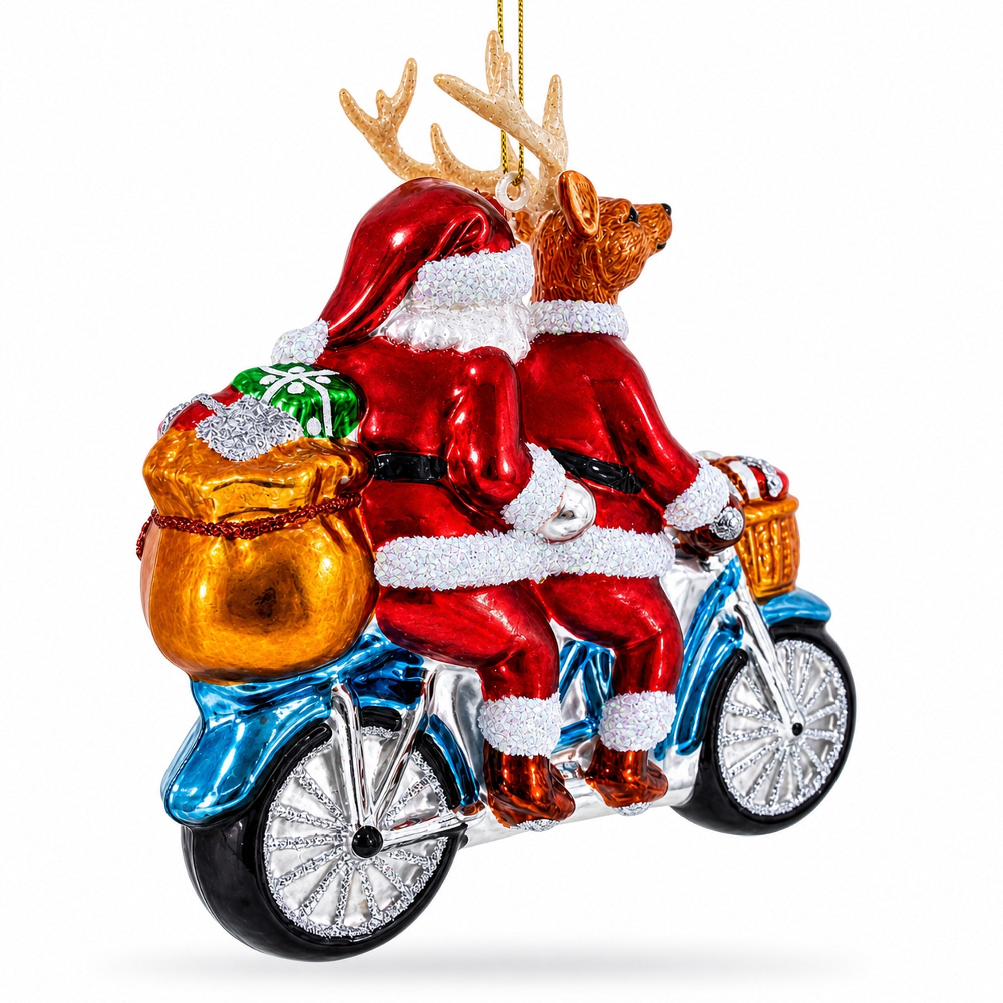 Santa and Reindeer Riding a Tandem Bike Glass Christmas Ornament