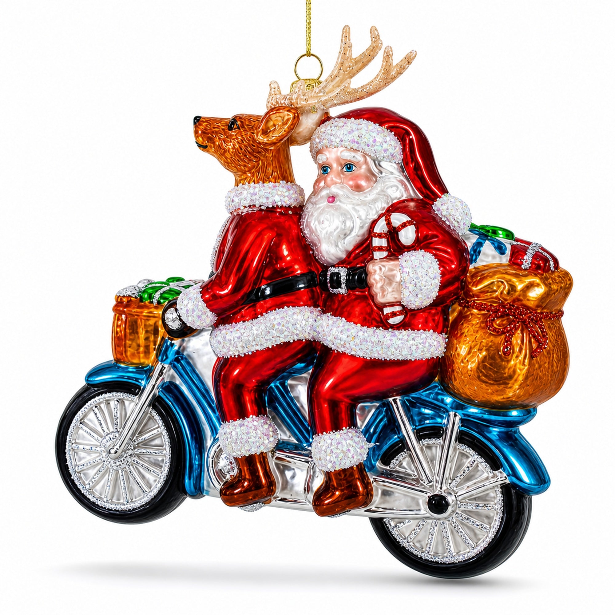 Santa and Reindeer Riding a Tandem Bike Glass Christmas Ornament