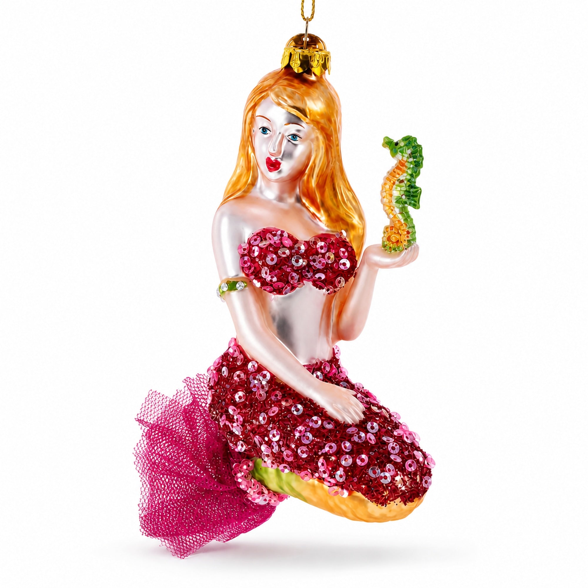 Mermaid with Seahorse Glass Christmas Ornament