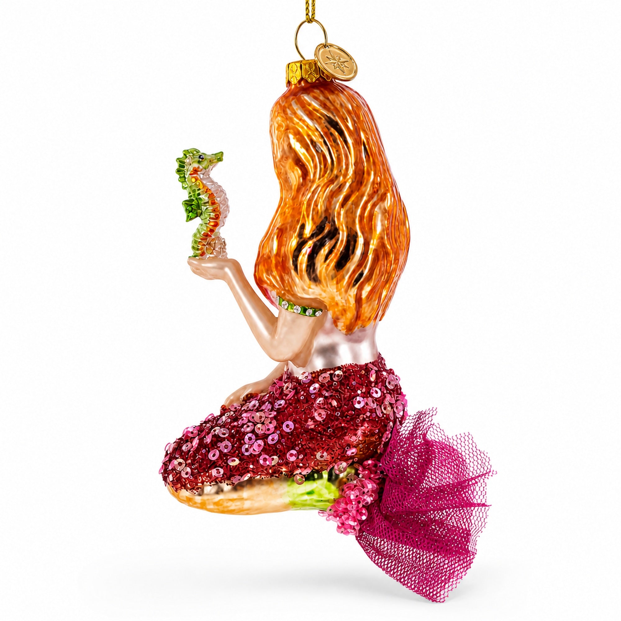 Mermaid with Seahorse Glass Christmas Ornament