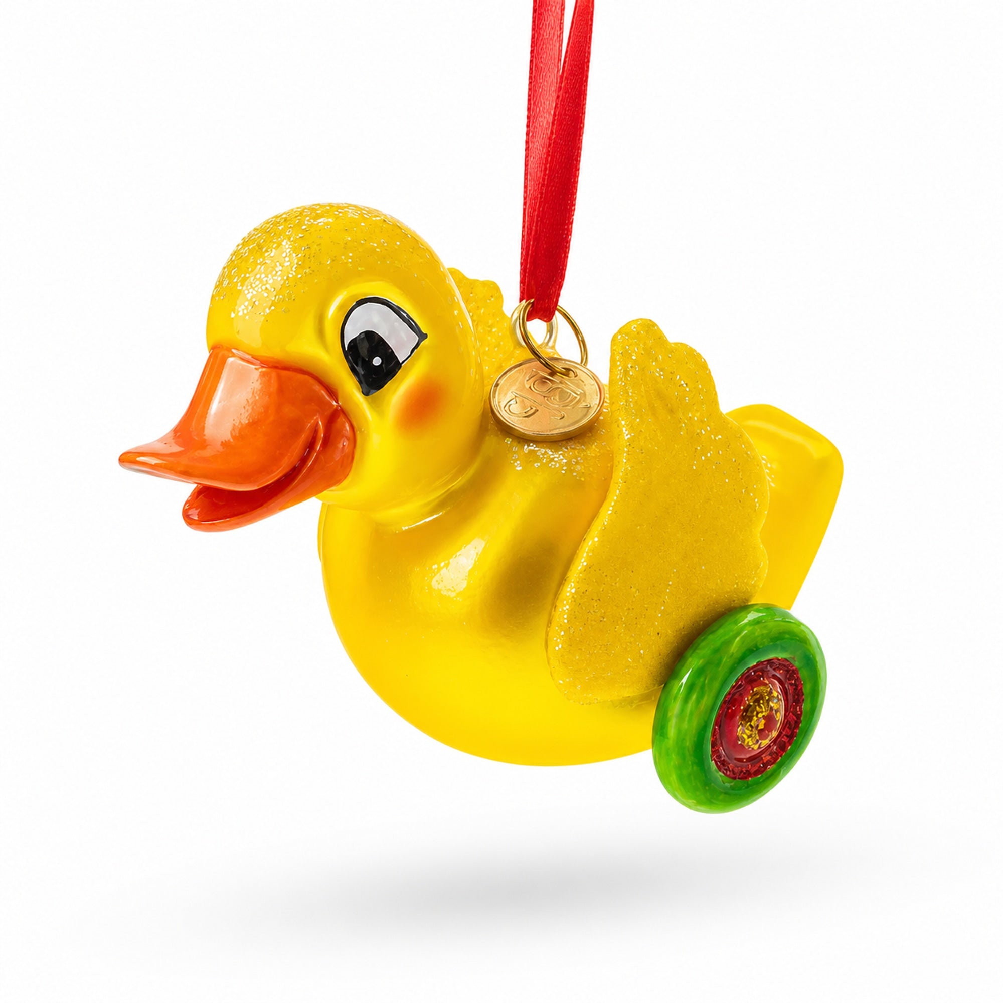 Yellow Duck Rolling on Wheels Glass Christmas Ornament