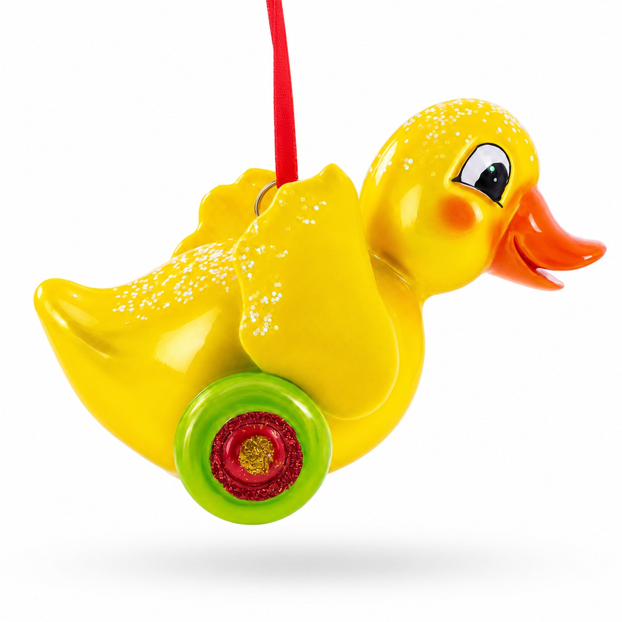 Yellow Duck Rolling on Wheels Glass Christmas Ornament