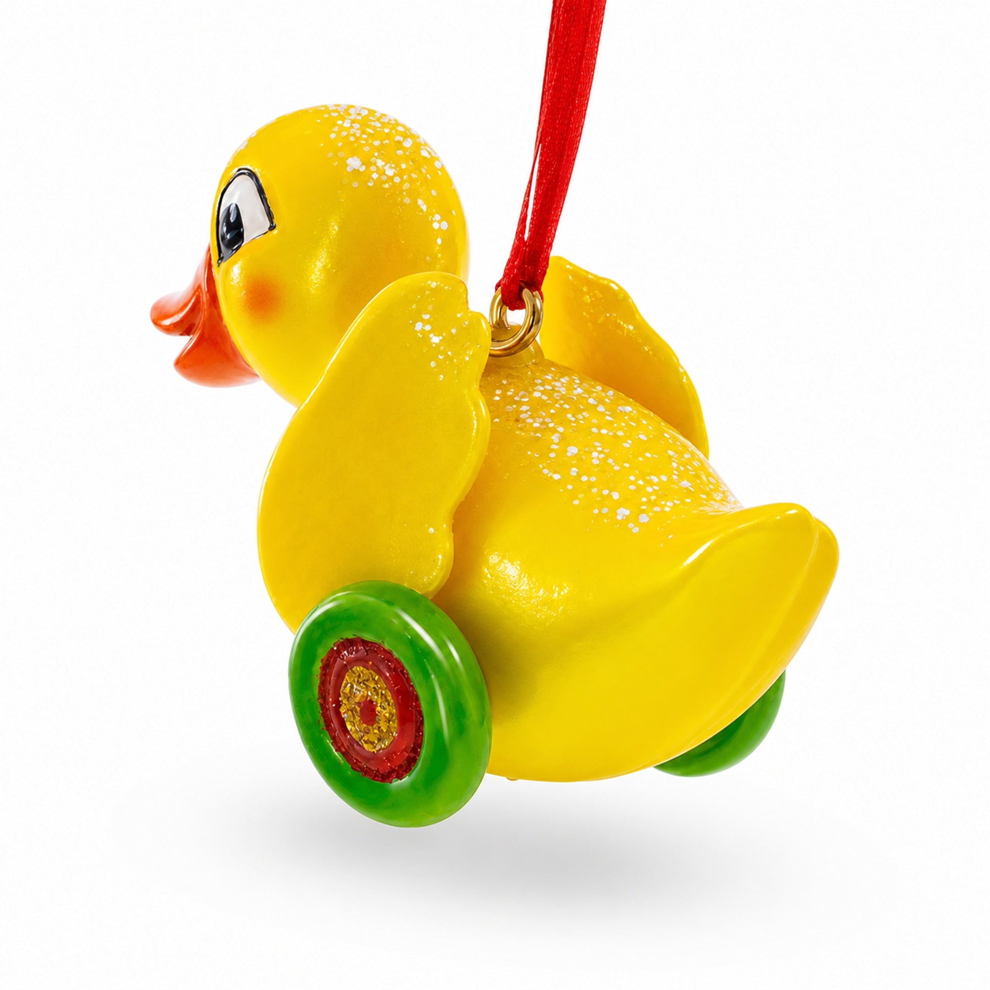 Yellow Duck Rolling on Wheels Glass Christmas Ornament