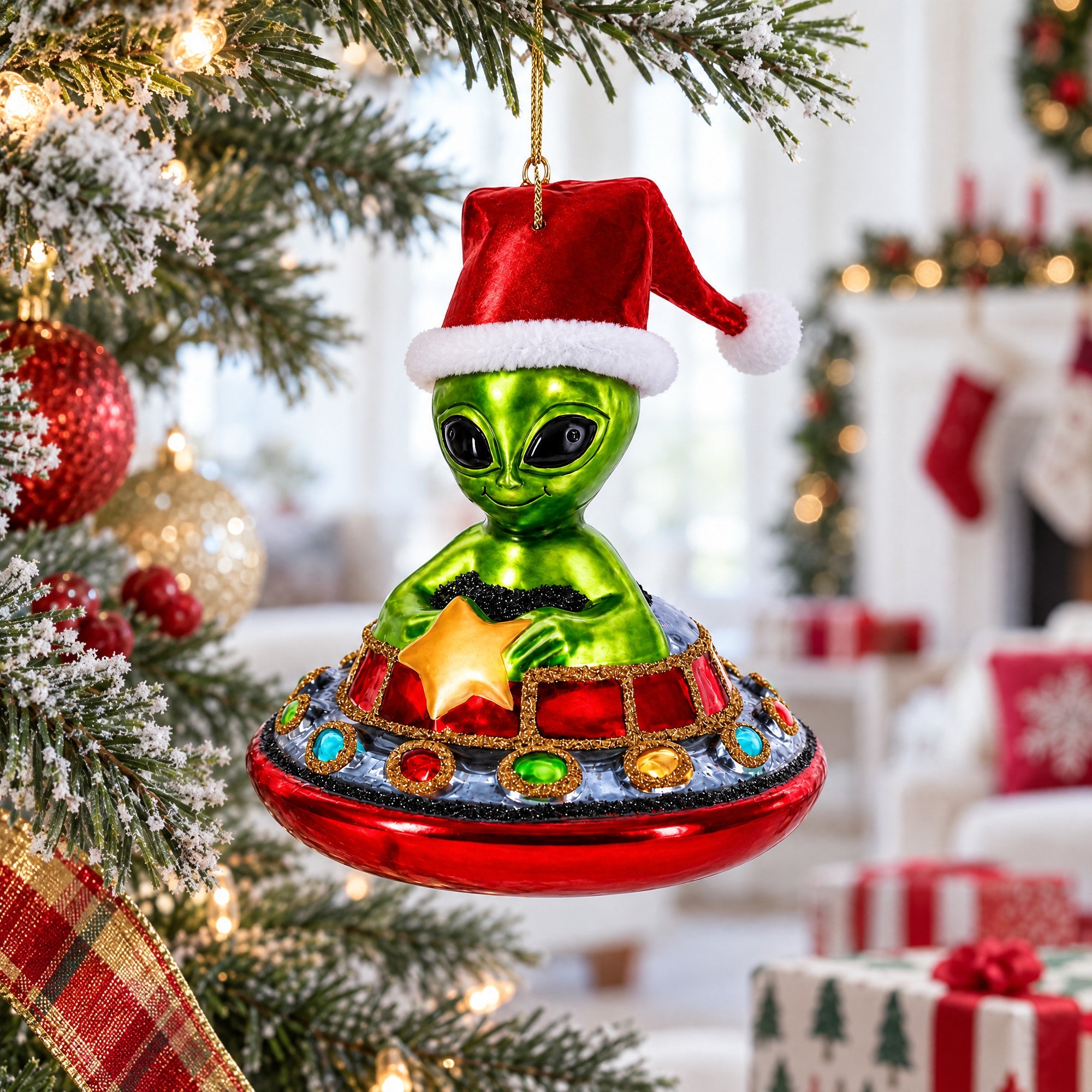 Santa Alien in UFO Glass Christmas Ornament