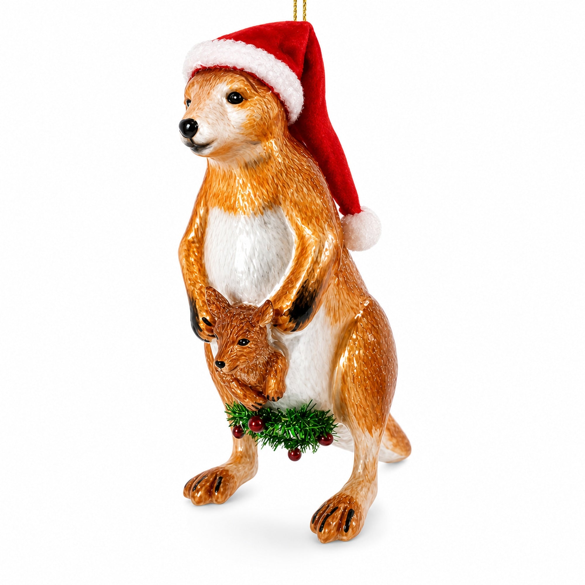 Kangaroo in Santa Hat with Joey Glass Christmas Ornament