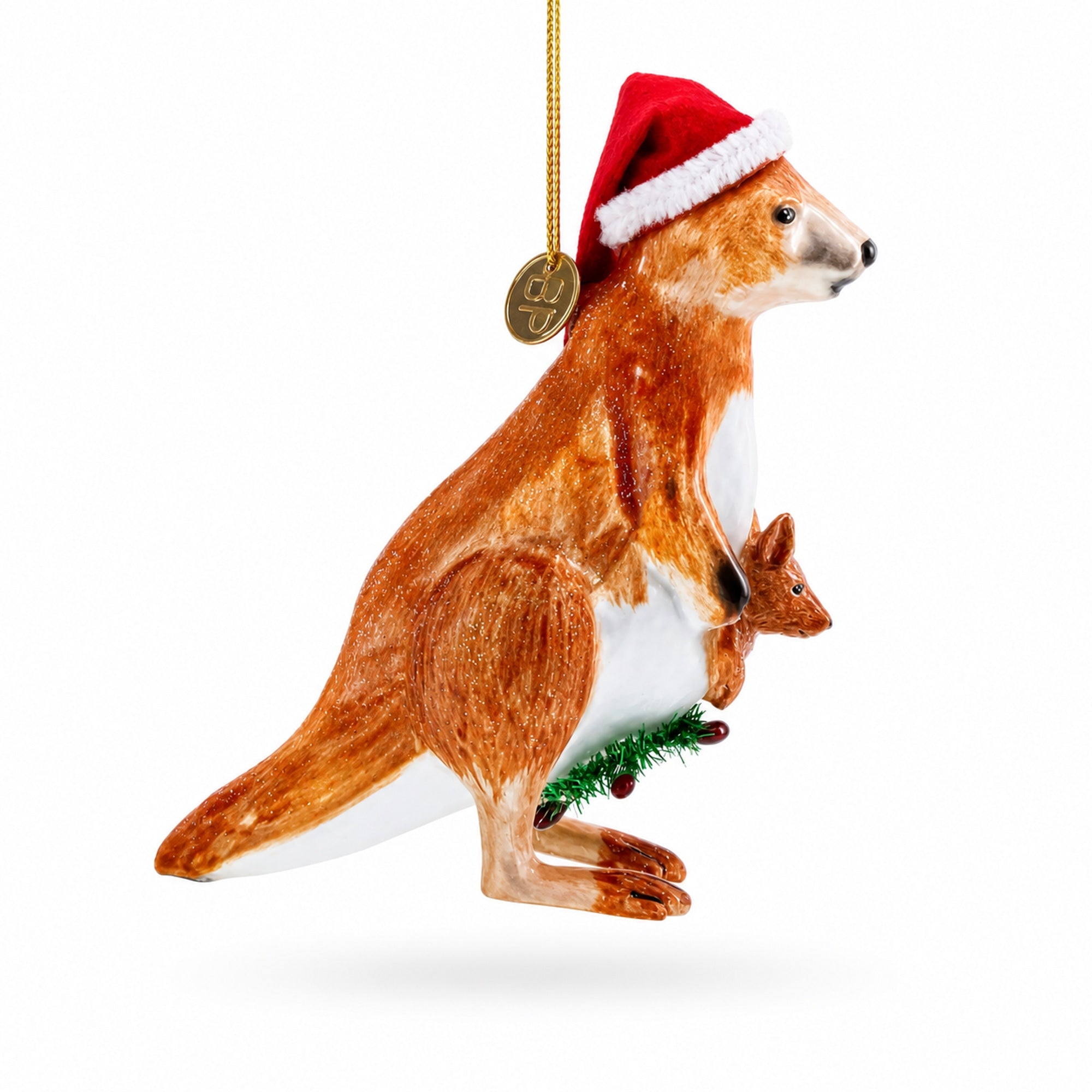Kangaroo in Santa Hat with Joey Glass Christmas Ornament