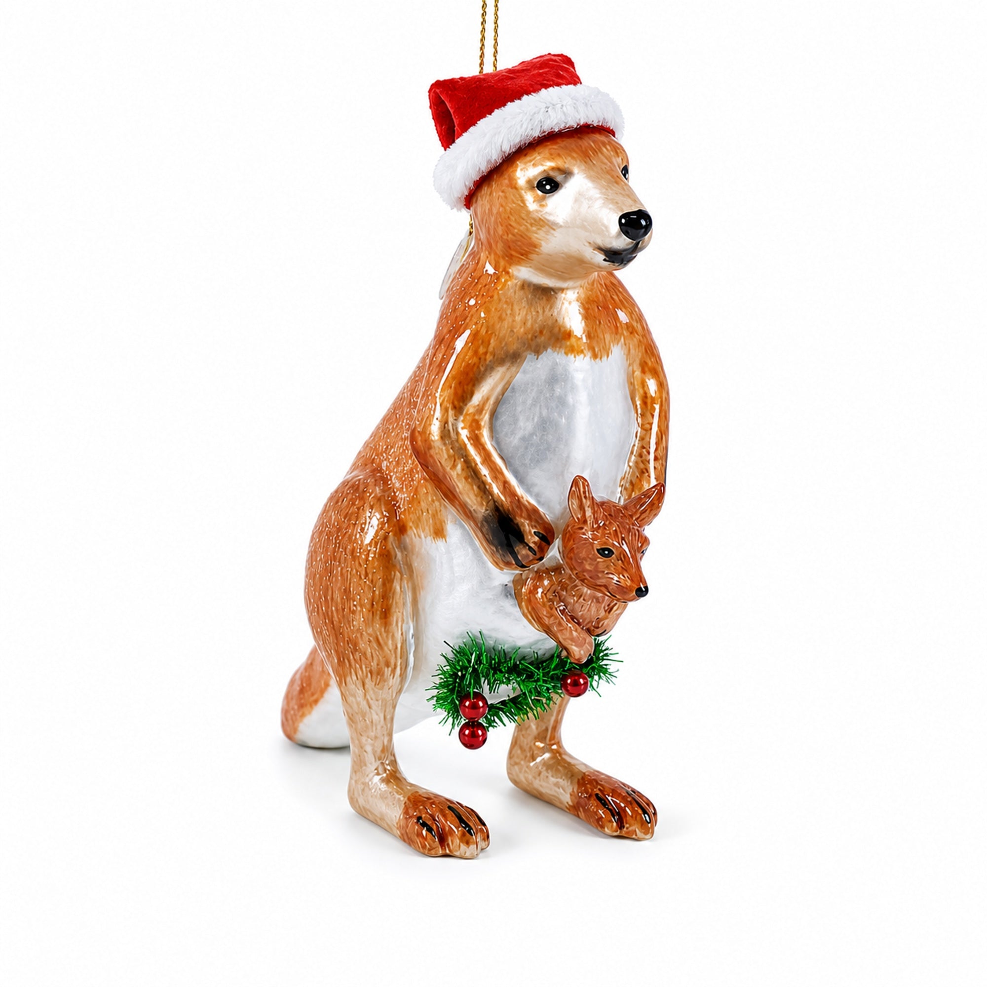 Kangaroo in Santa Hat with Joey Glass Christmas Ornament