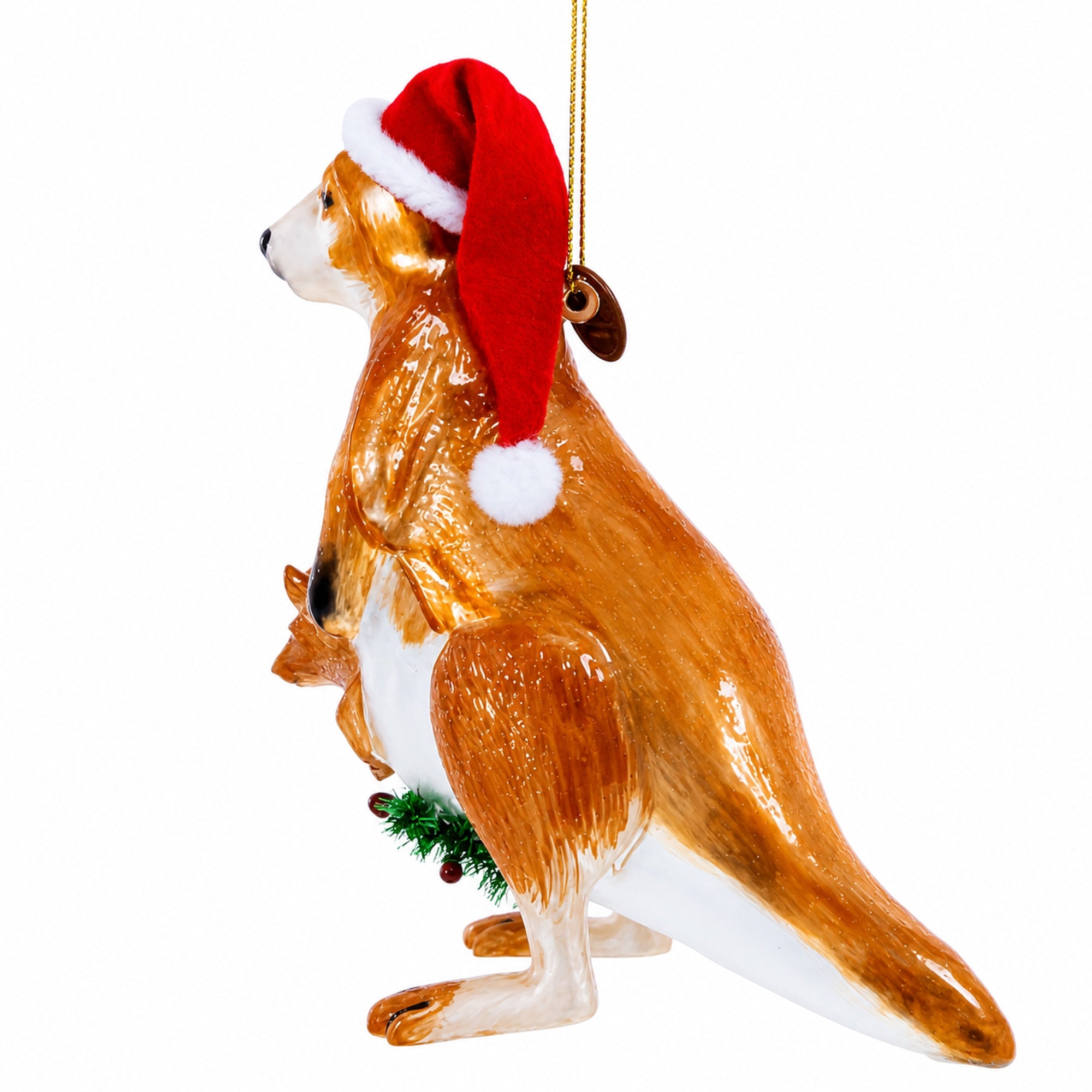 Kangaroo in Santa Hat with Joey Glass Christmas Ornament