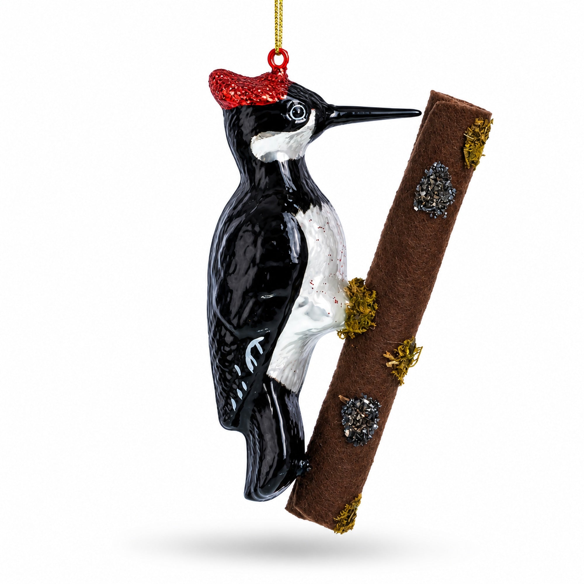 Woodpecker Perched on a Branch Glass Christmas Ornament