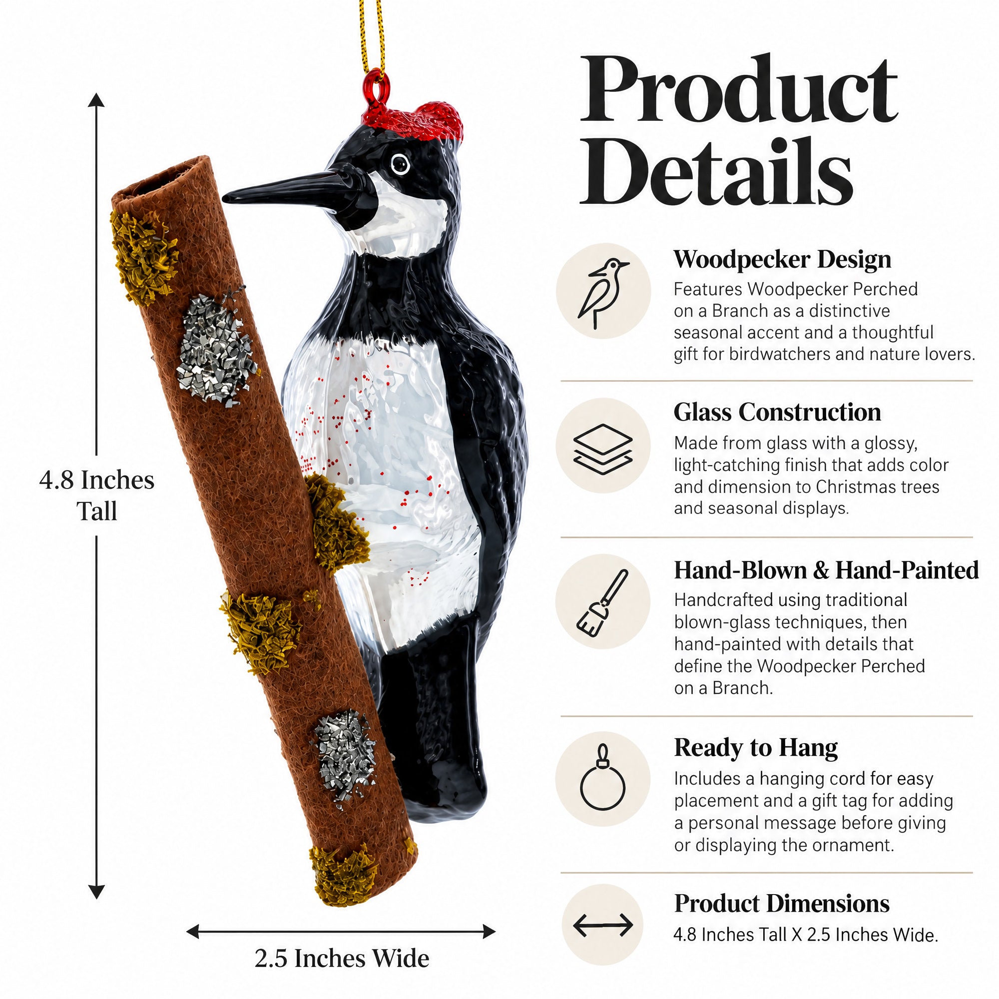 Woodpecker Perched on a Branch Glass Christmas Ornament