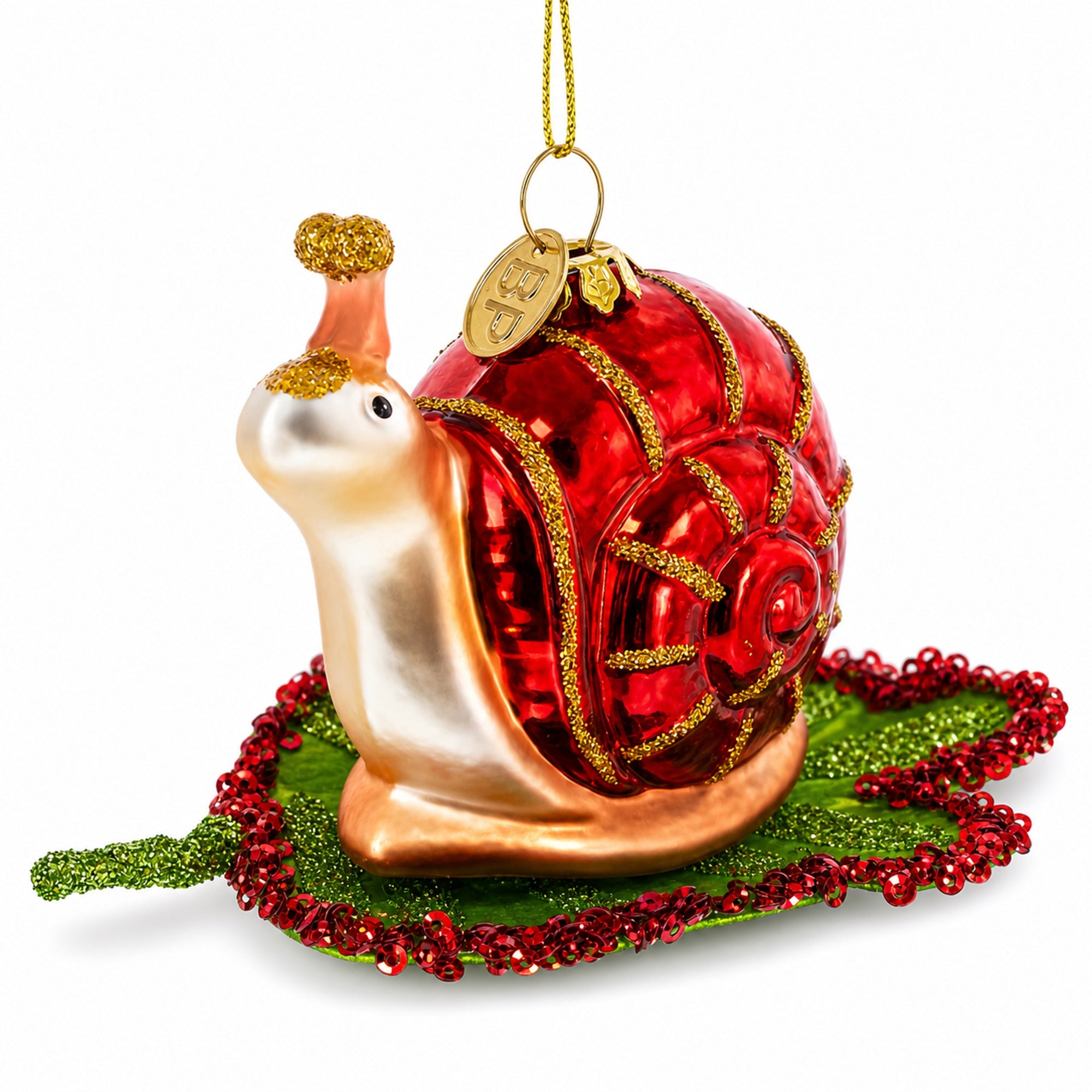 Snail Perched on a Green Leaf Glass Christmas Ornament
