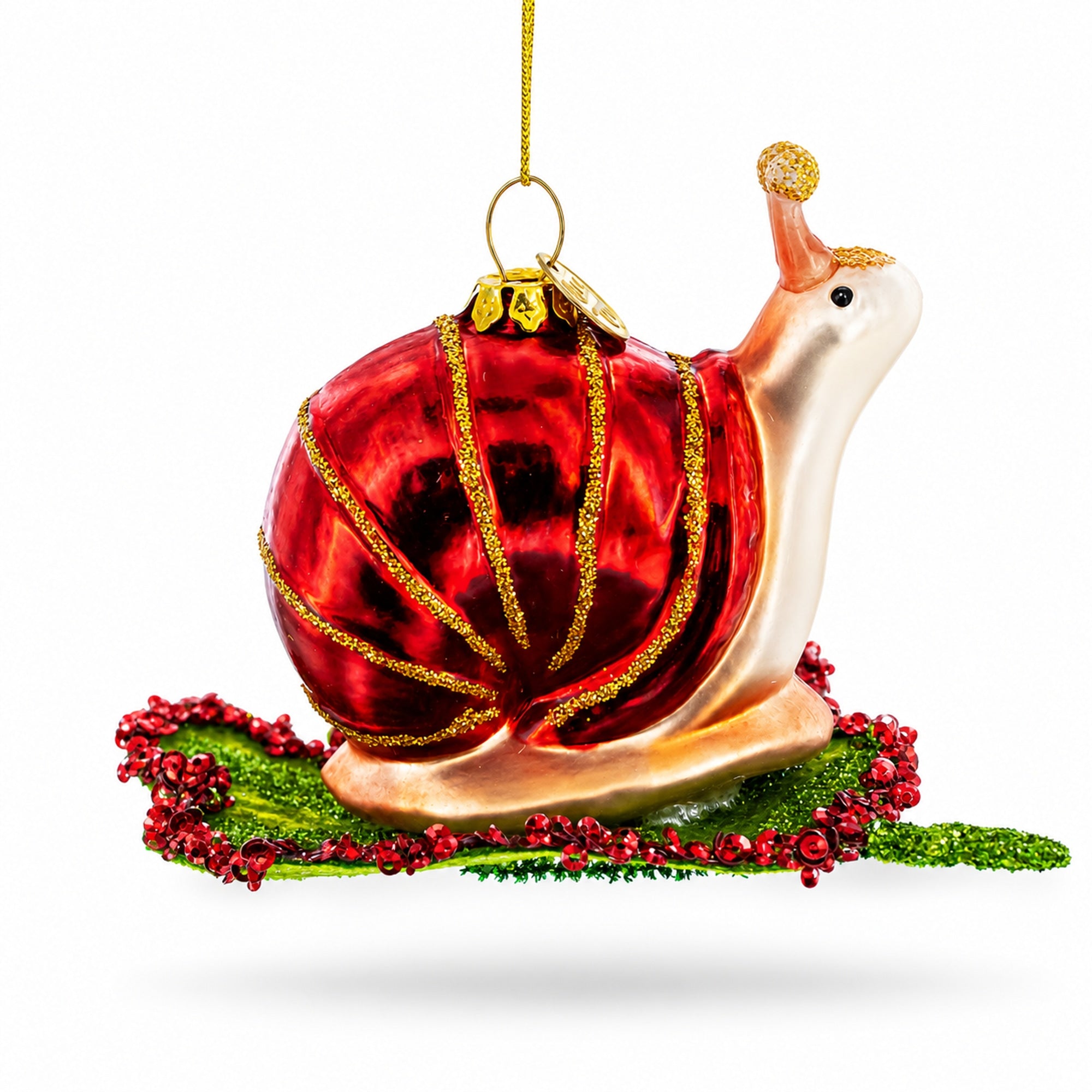 Snail Perched on a Green Leaf Glass Christmas Ornament