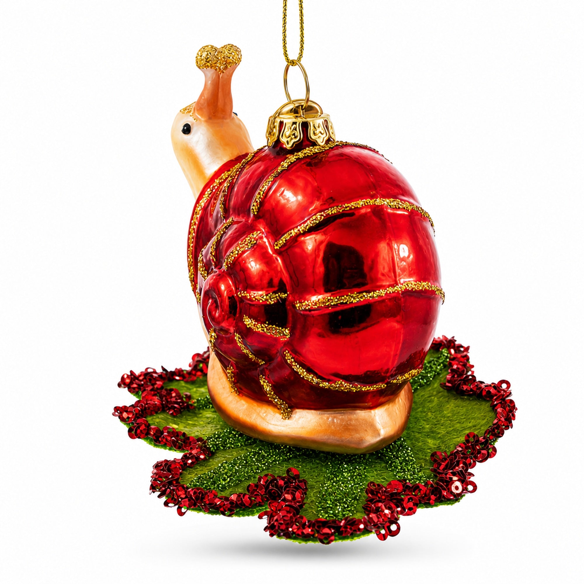 Snail Perched on a Green Leaf Glass Christmas Ornament
