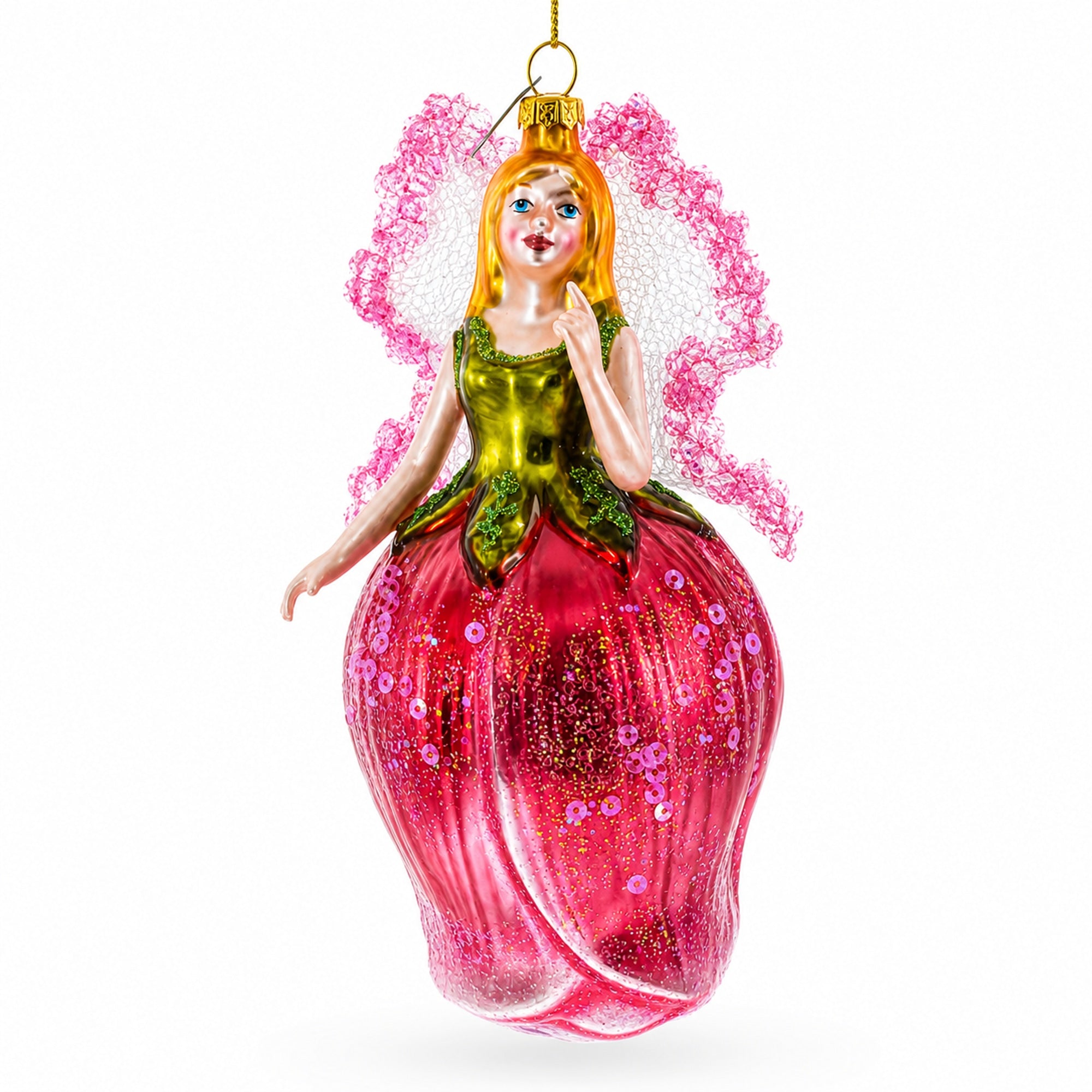 Enchanting Fairy in a Rose Dress Glass Christmas Ornament