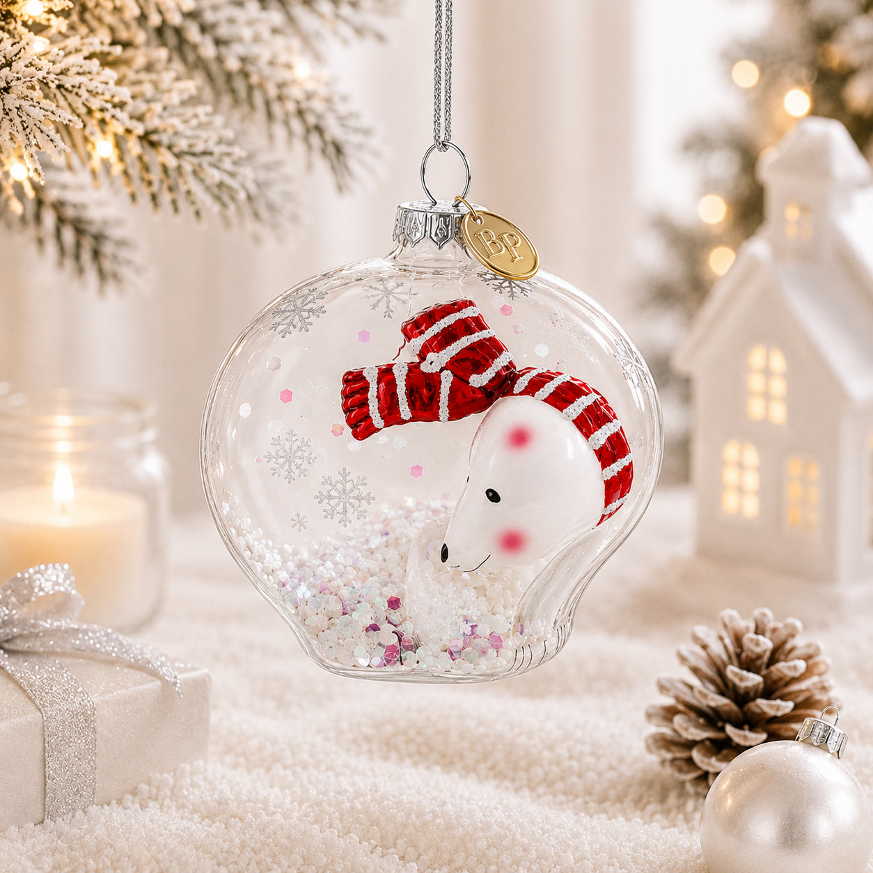 Clear Polar Bear Glass Christmas Ornament