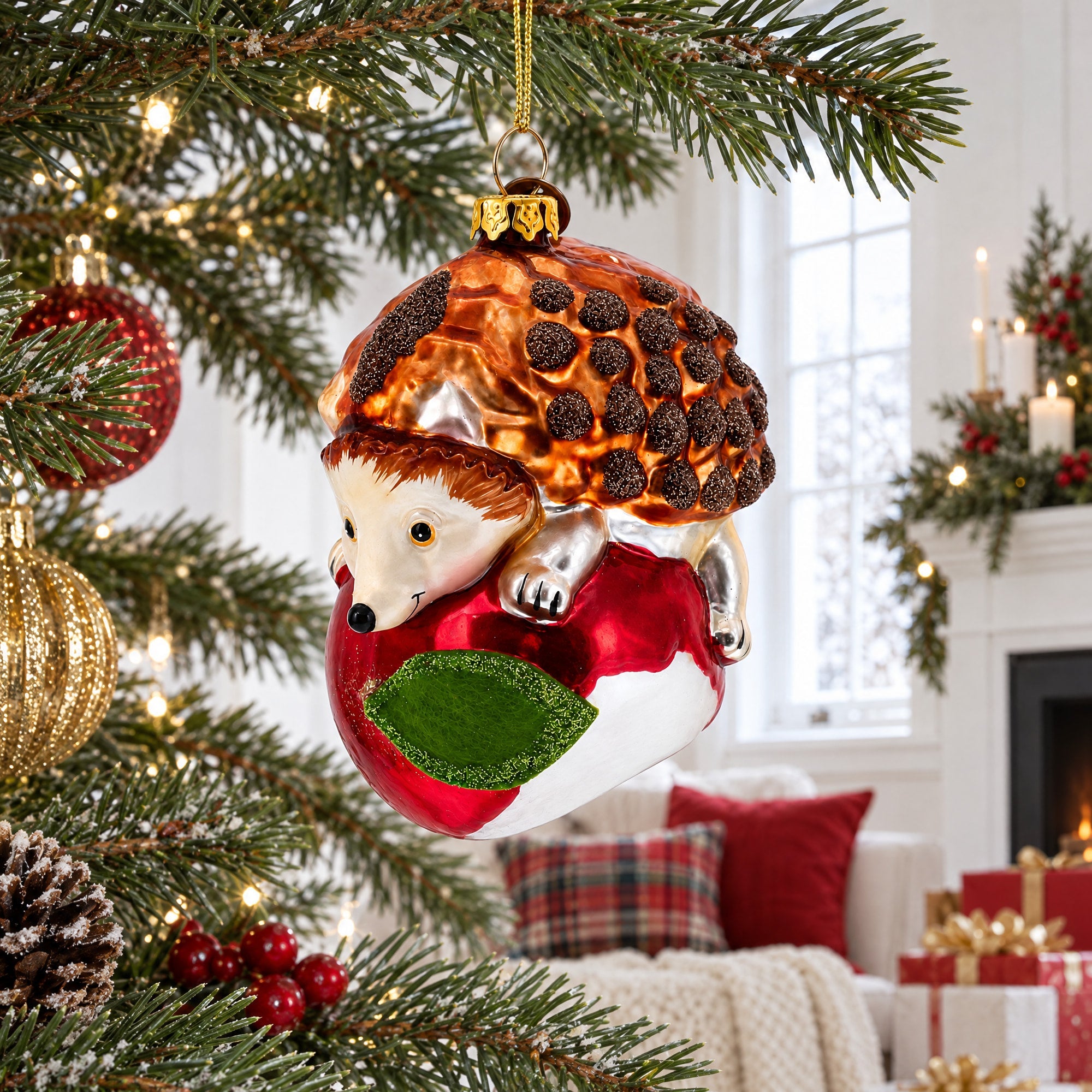 Hedgehog Savoring a Red Apple Glass Christmas Ornament