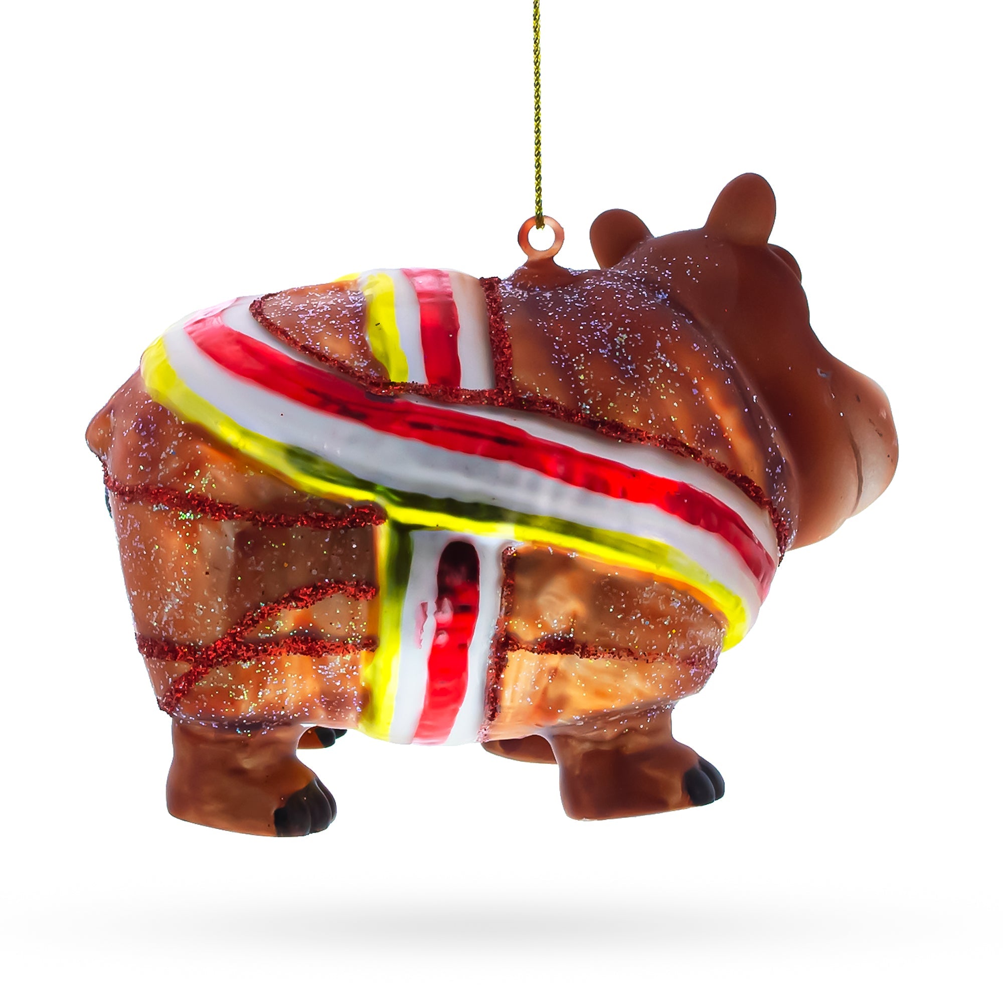 Hippo with Candy Stripe Bow and Ribbon Glass Christmas Ornament