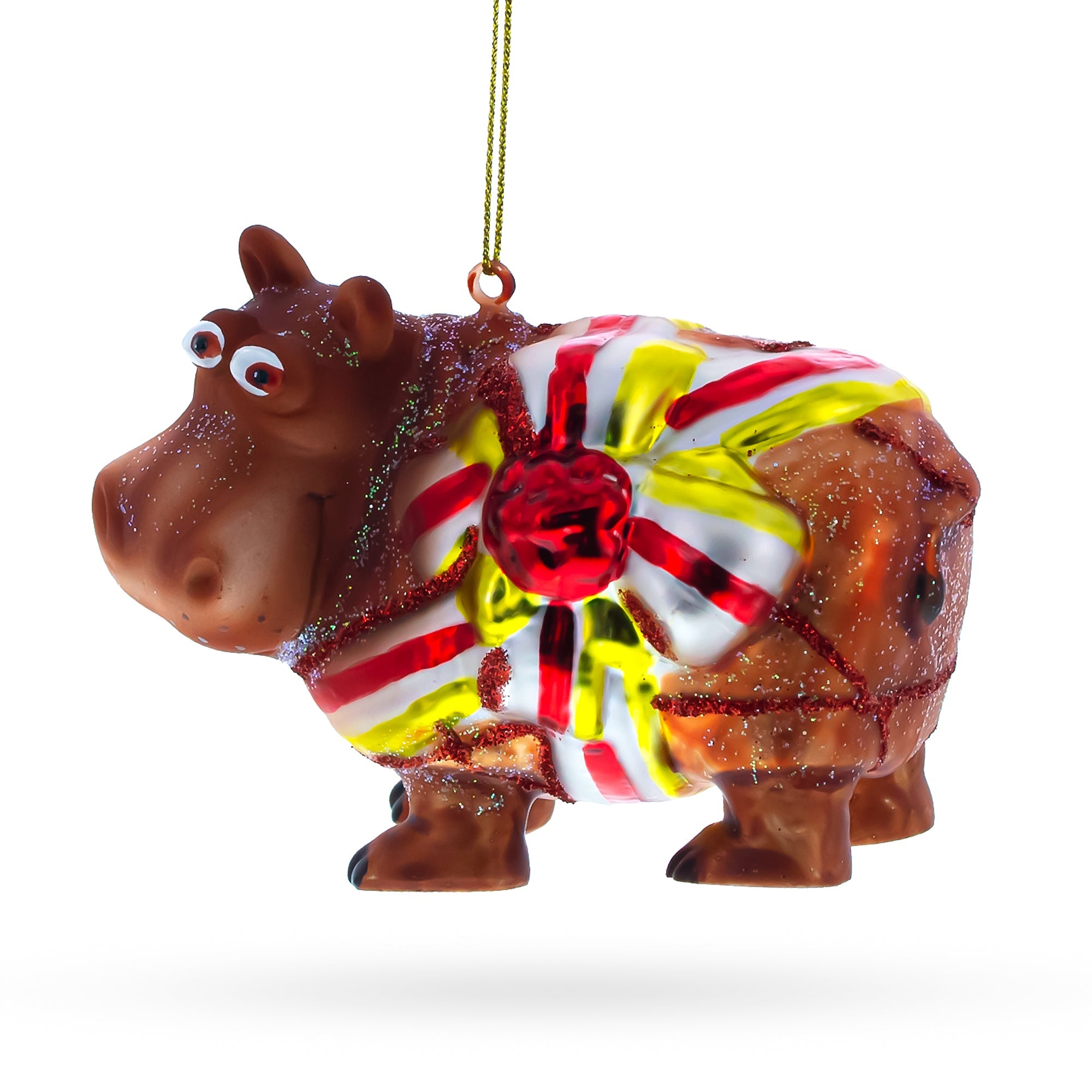Hippo with Candy Stripe Bow and Ribbon Glass Christmas Ornament