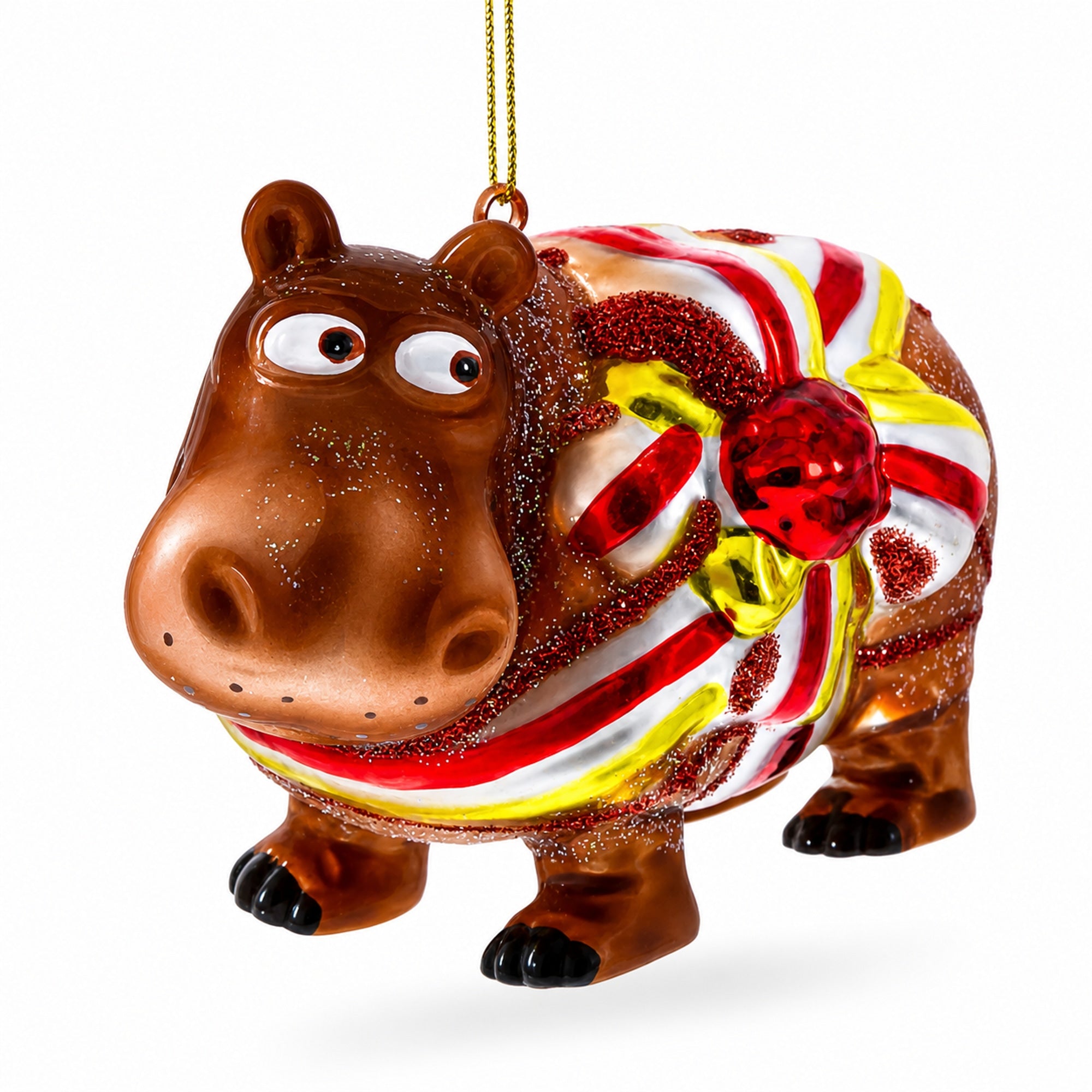 Hippo with Candy Stripe Bow and Ribbon Glass Christmas Ornament