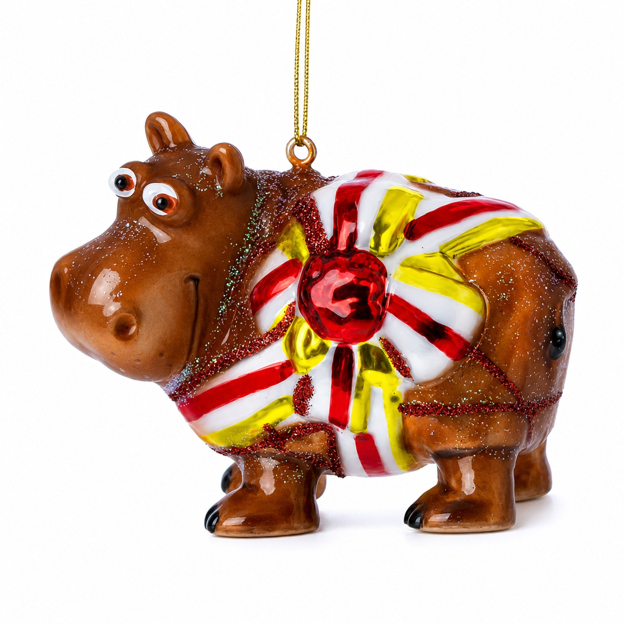 Hippo with Candy Stripe Bow and Ribbon Glass Christmas Ornament