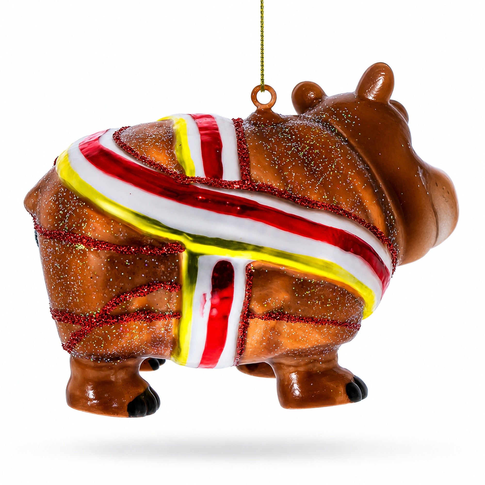 Hippo with Candy Stripe Bow and Ribbon Glass Christmas Ornament