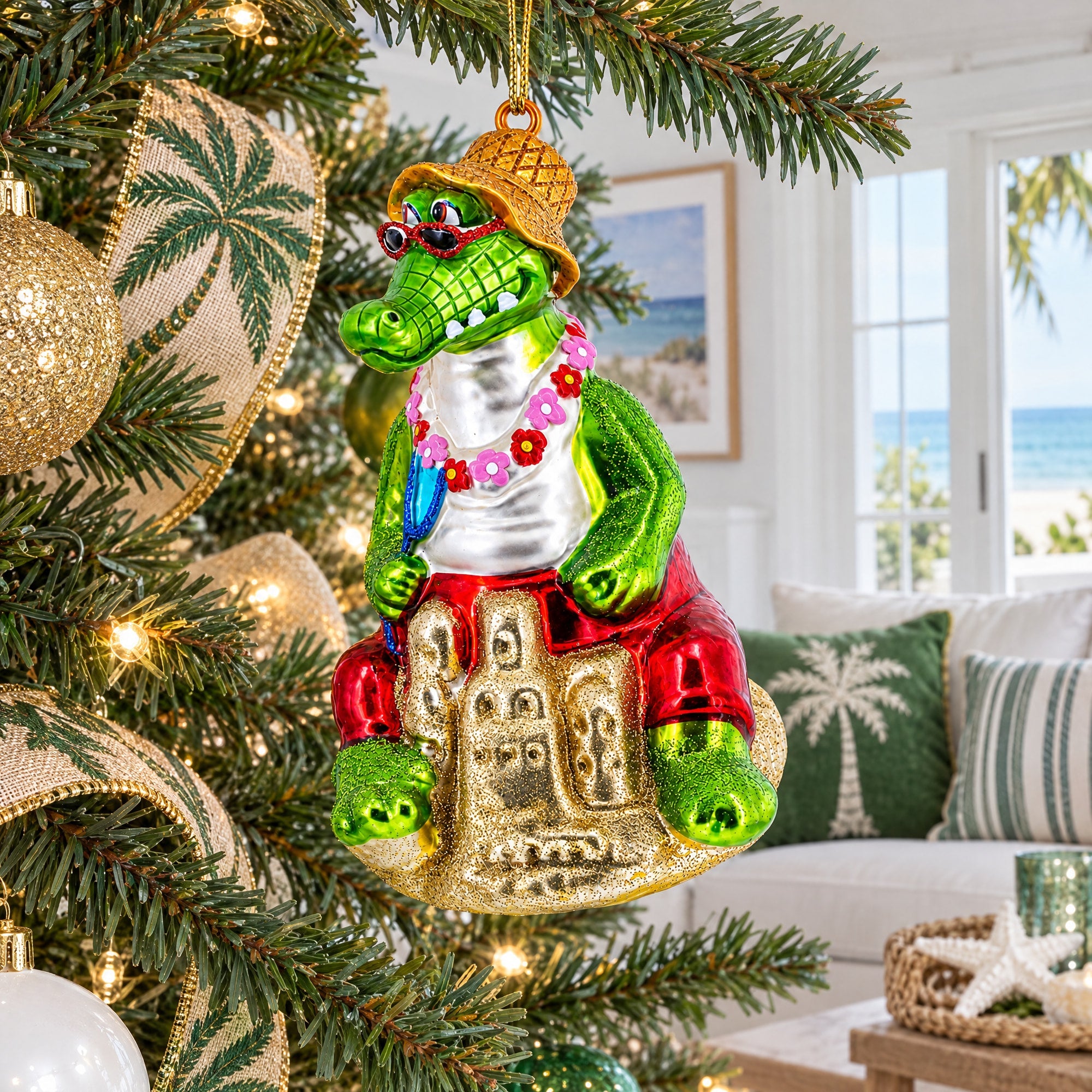 Alligator Relaxing on the Beach Glass Christmas Ornament