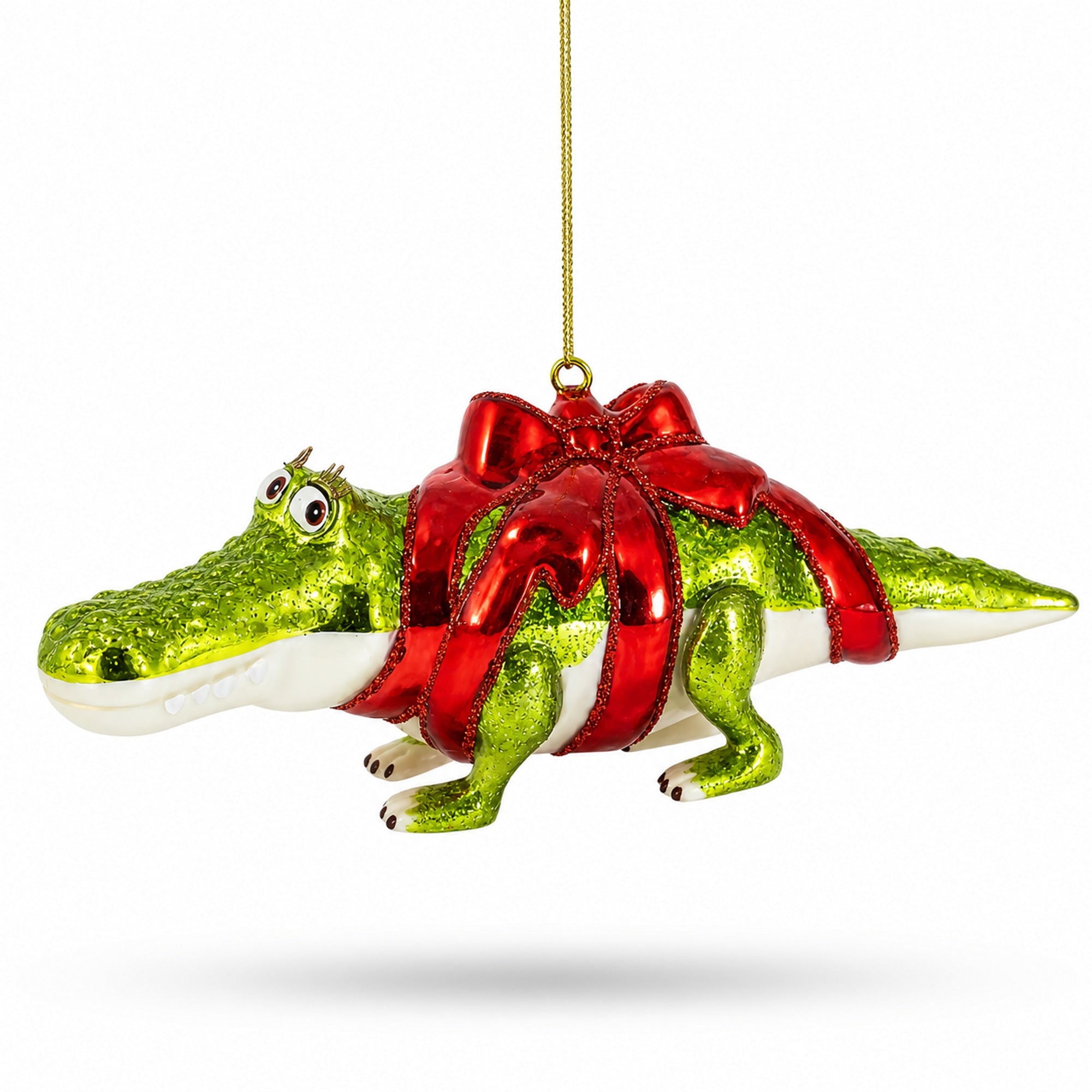 Alligator Adorned with Gift Ribbon Glass Christmas Ornament