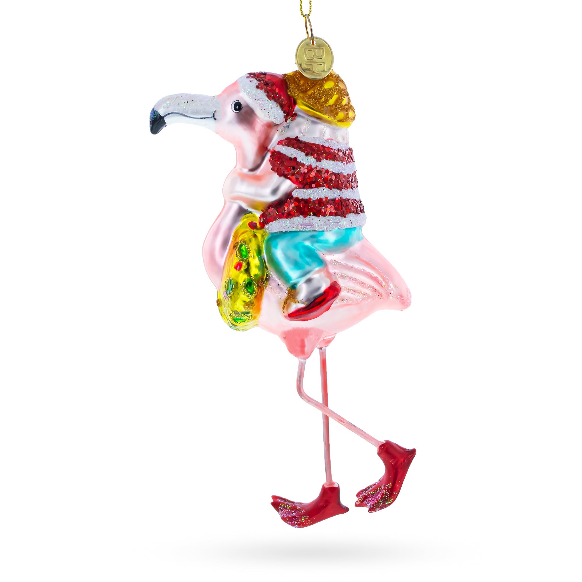 Santa Riding a Pink Flamingo Glass Christmas Ornament
