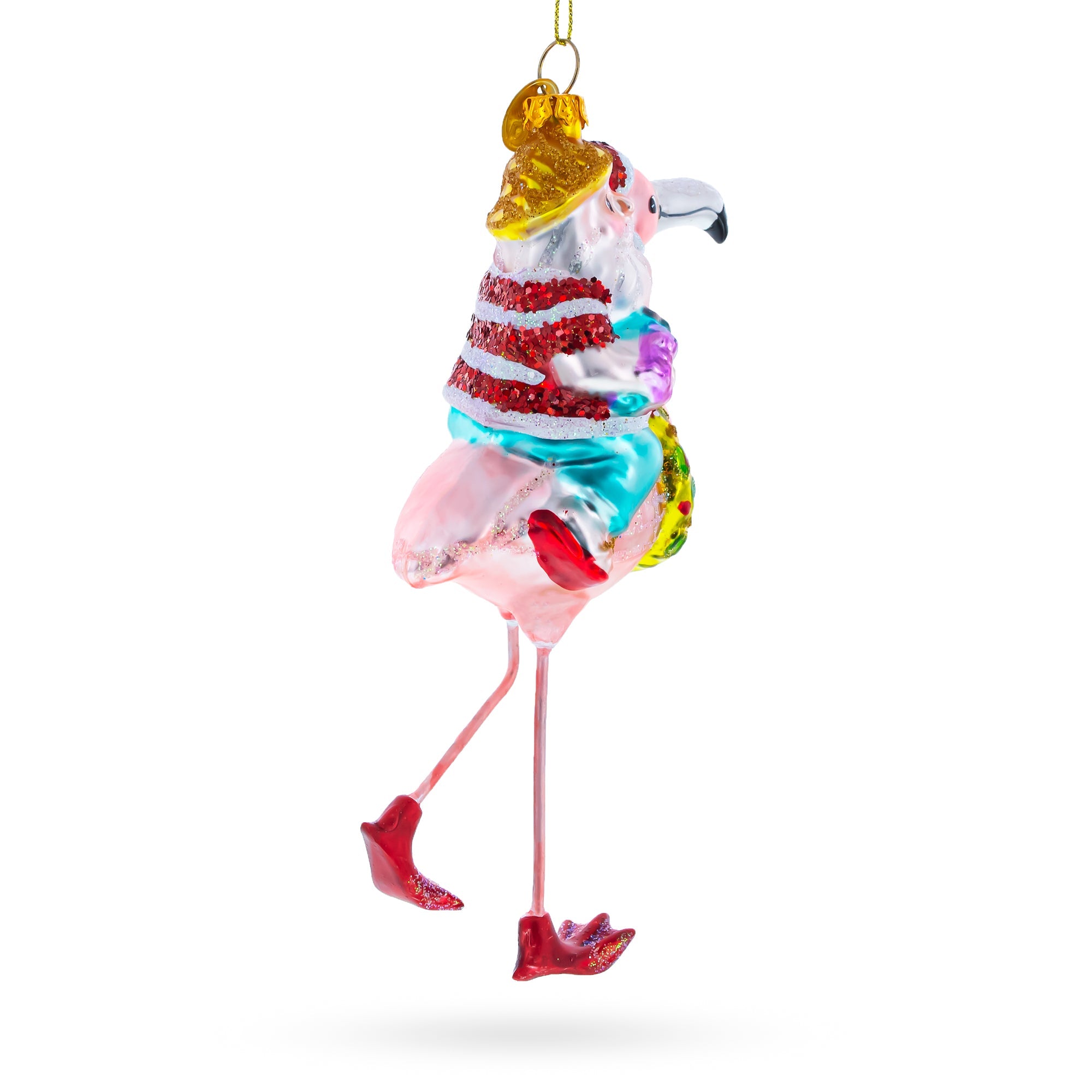 Santa Riding a Pink Flamingo Glass Christmas Ornament