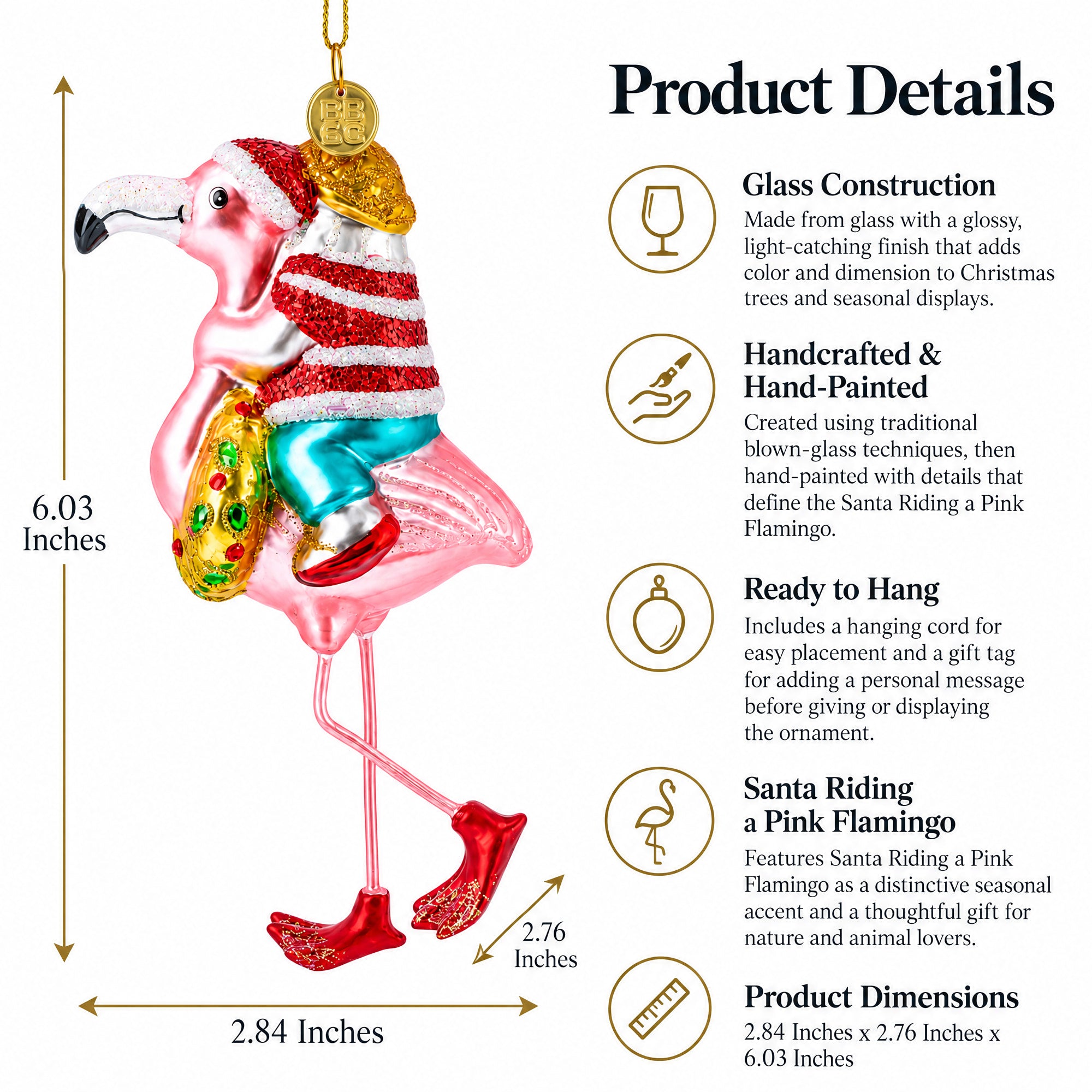 Santa Riding a Pink Flamingo Glass Christmas Ornament
