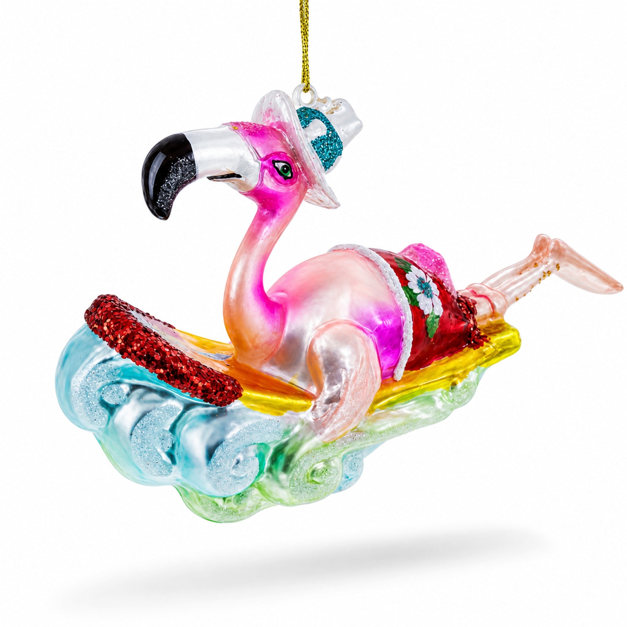Pink Flamingo Riding a Surf Wave Glass Christmas Ornament