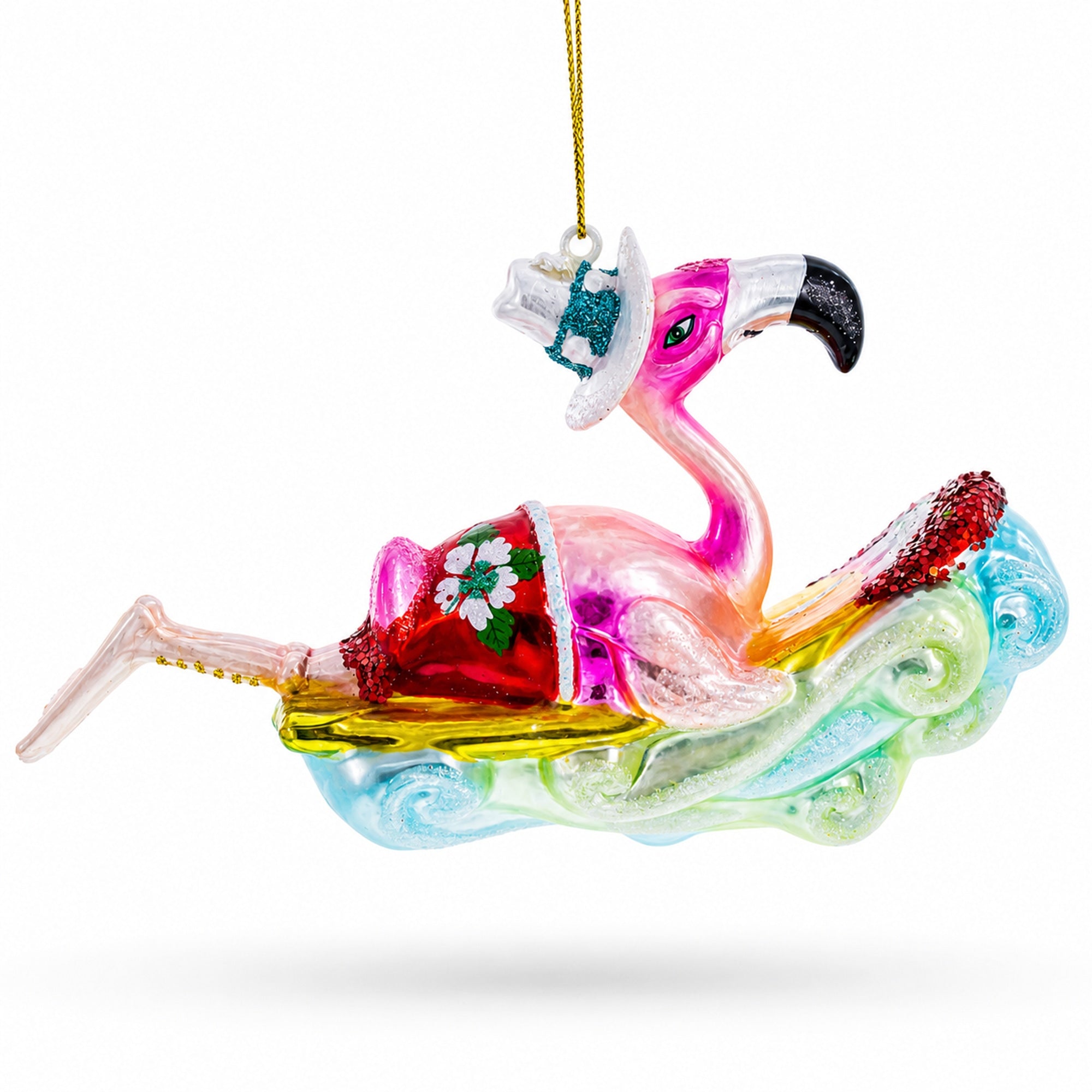 Pink Flamingo Riding a Surf Wave Glass Christmas Ornament