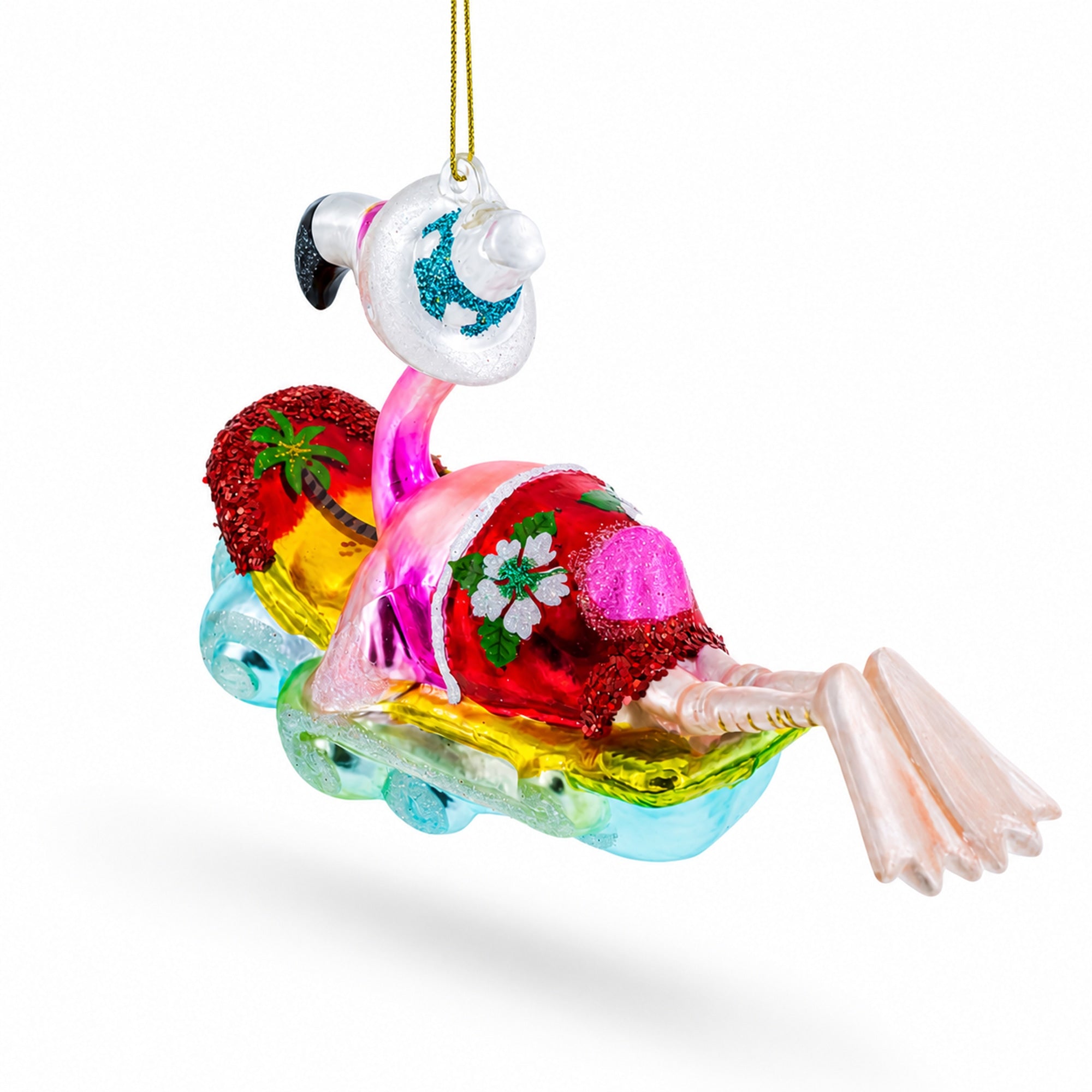 Pink Flamingo Riding a Surf Wave Glass Christmas Ornament