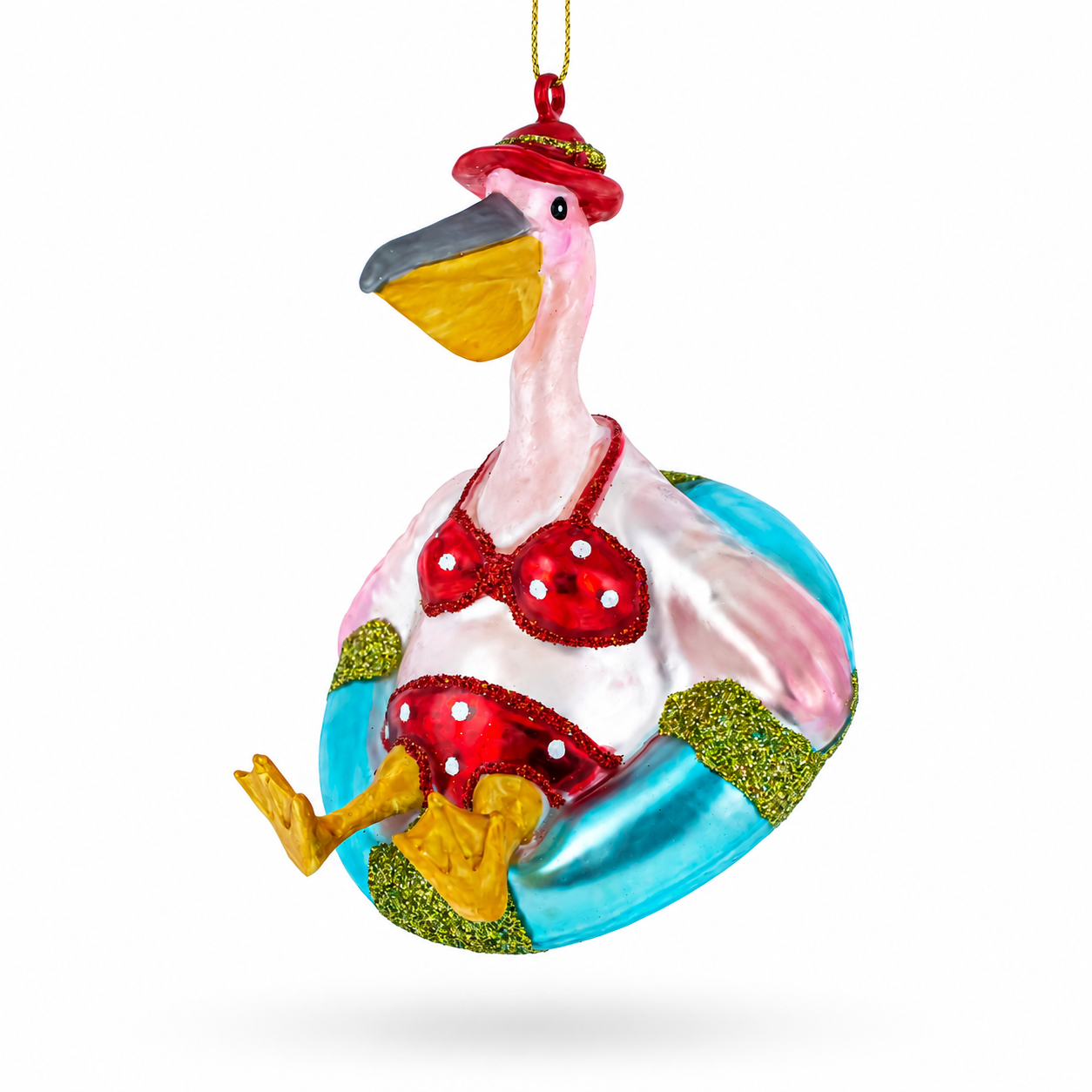 Pelican in Red Swimsuit with Hat on Pool Float Glass Christmas Ornament