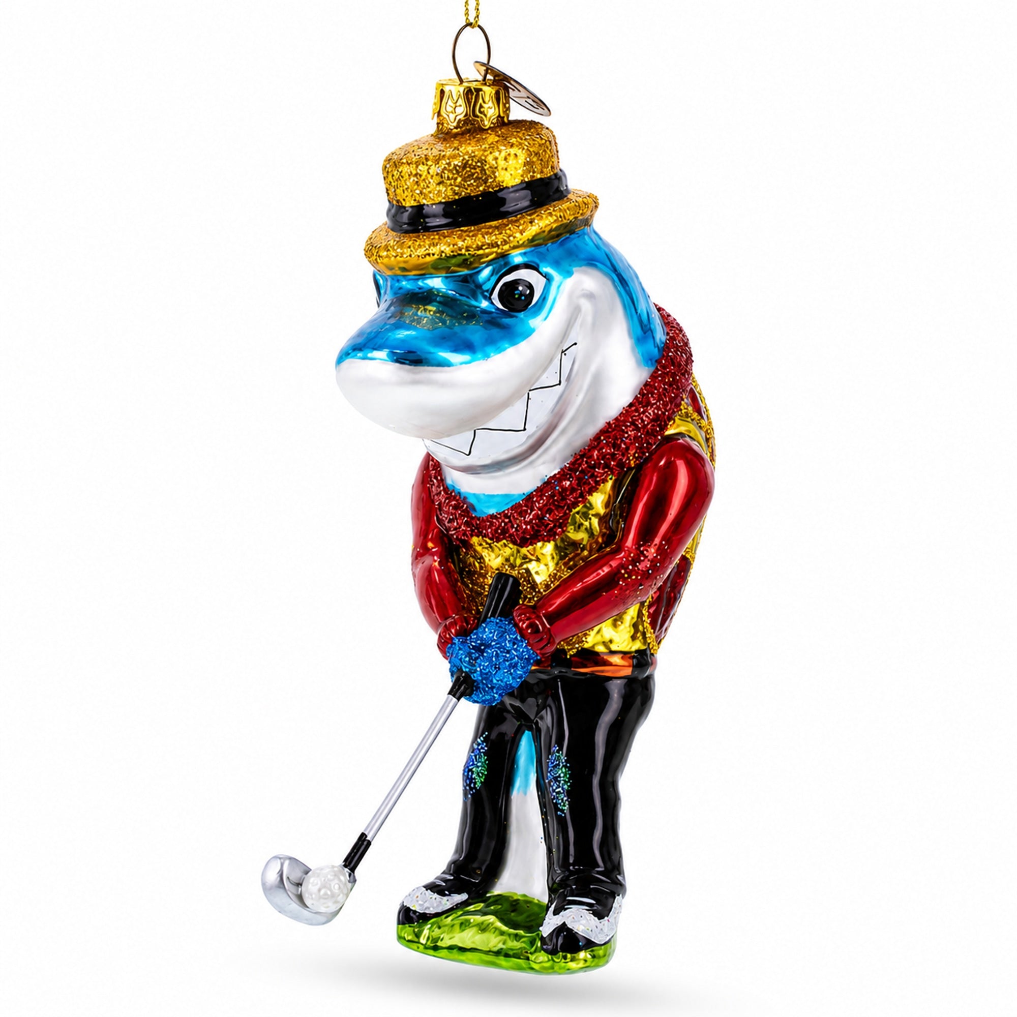 Shark Playing Golf Glass Christmas Ornament