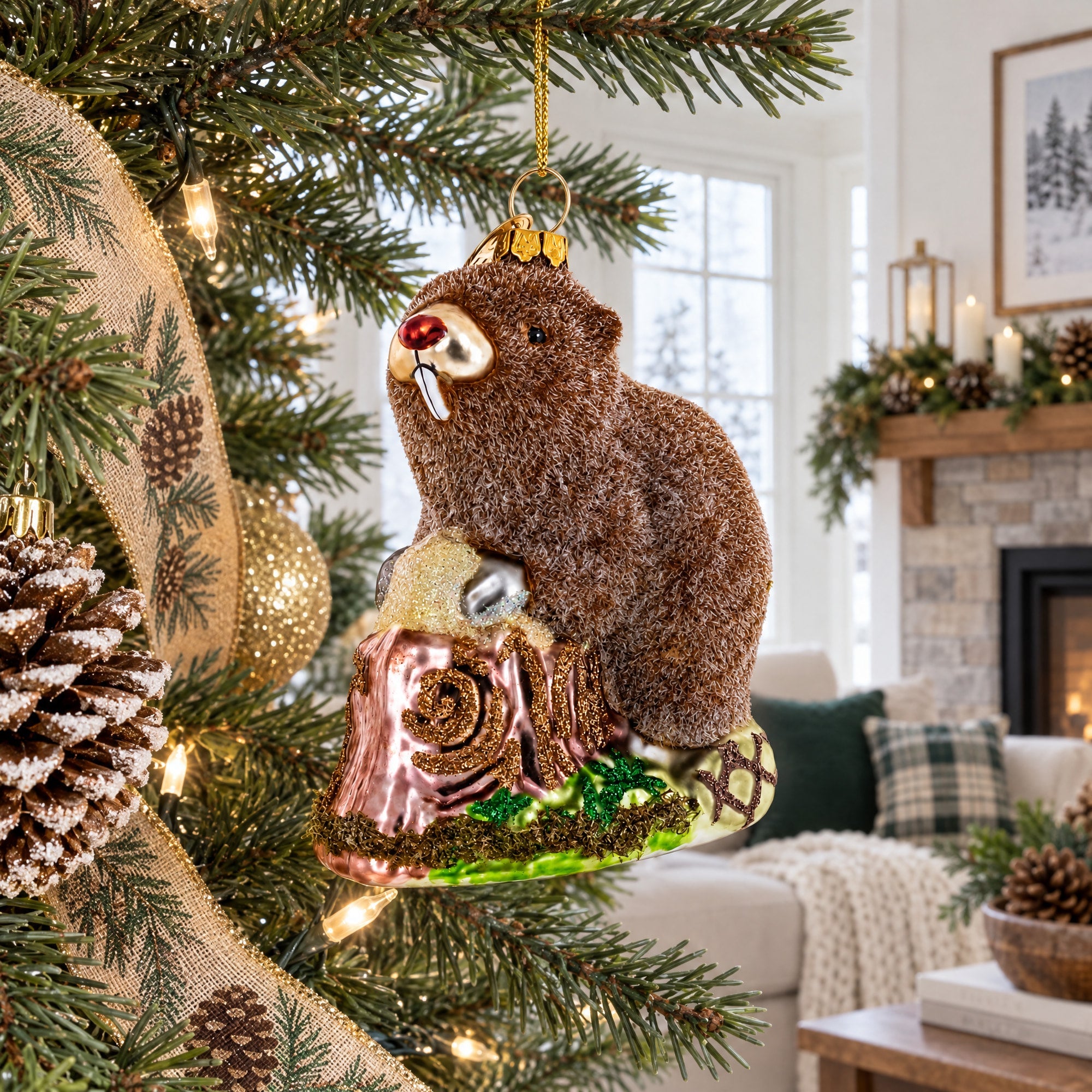 Beaver Holding a Log Glass Christmas Ornament