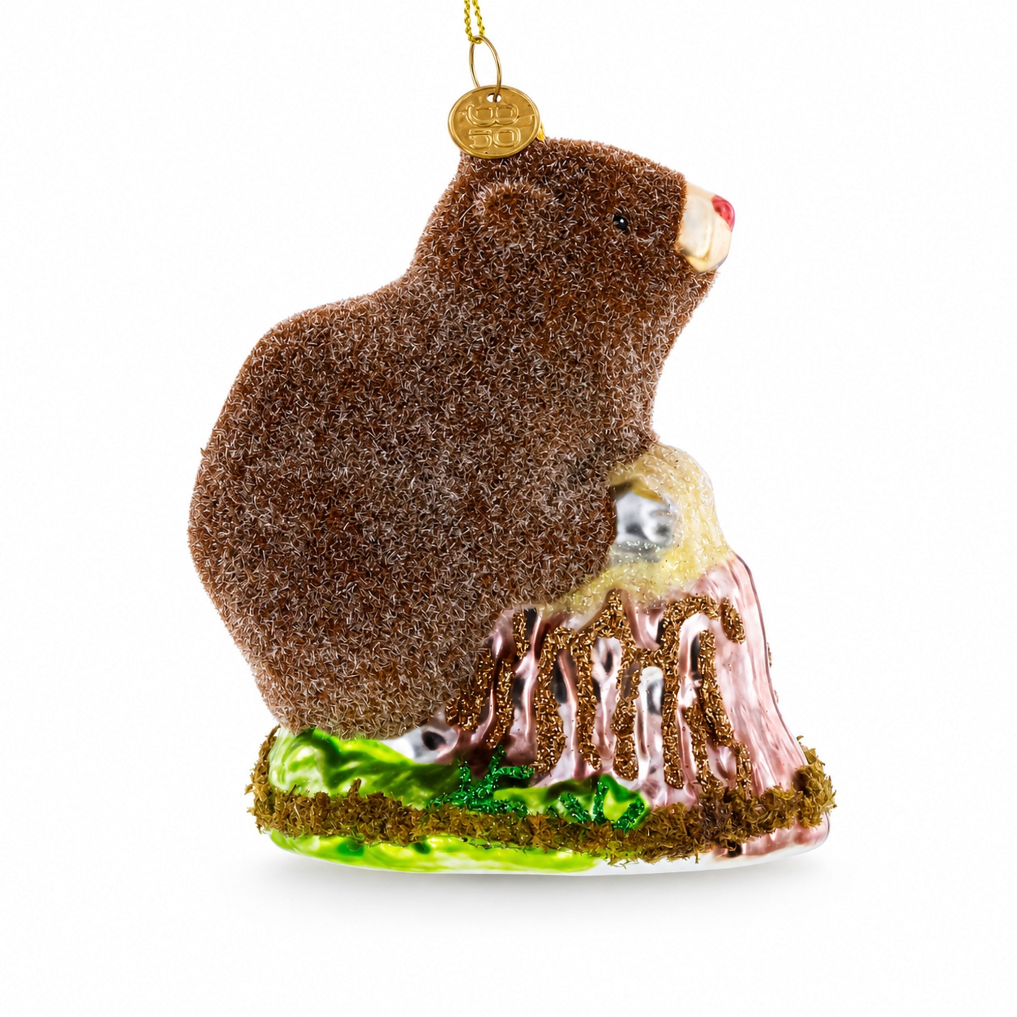 Beaver Holding a Log Glass Christmas Ornament