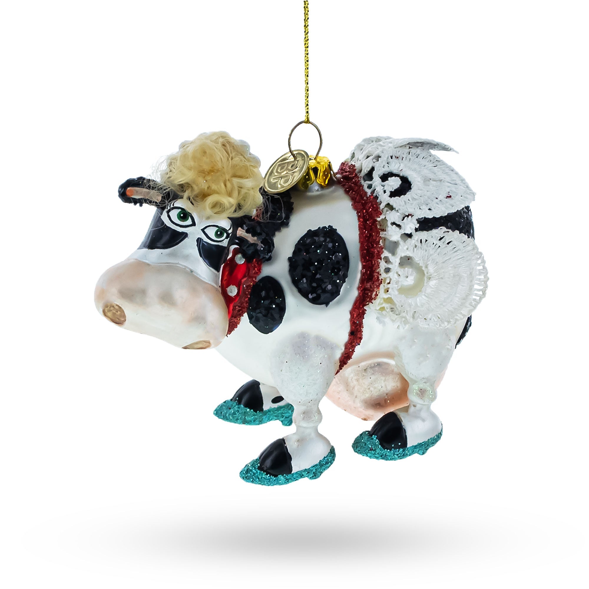 Cow Sporting Wings Glass Christmas Ornament