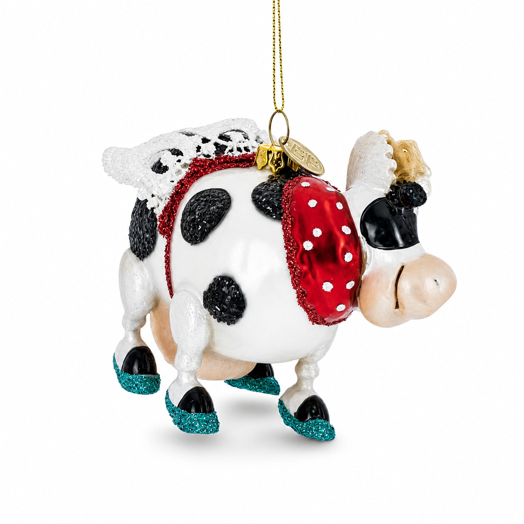 Blonde Hair Glam Cow Glass Christmas Ornament