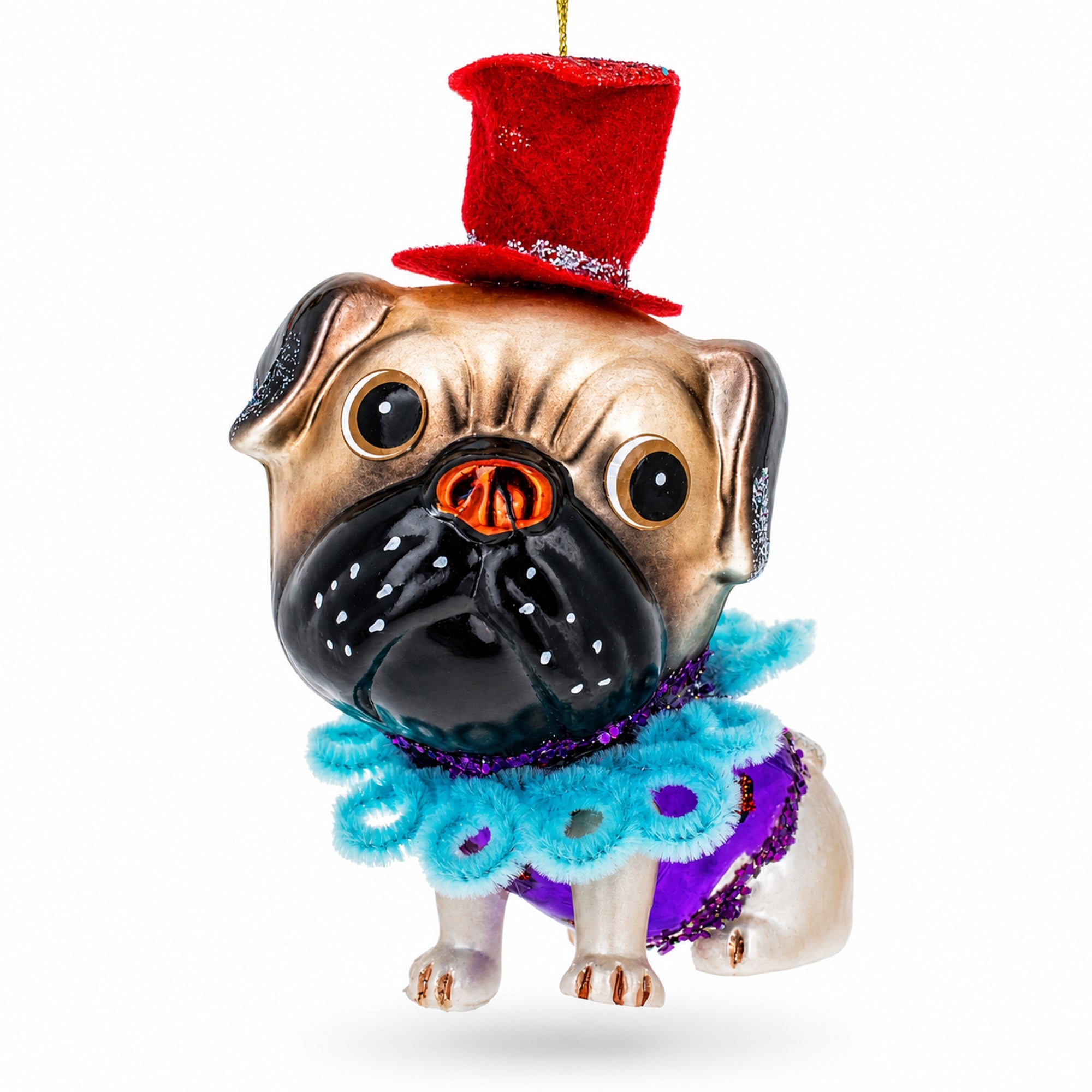 Pug in a Festive Red Hat Glass Christmas Ornament