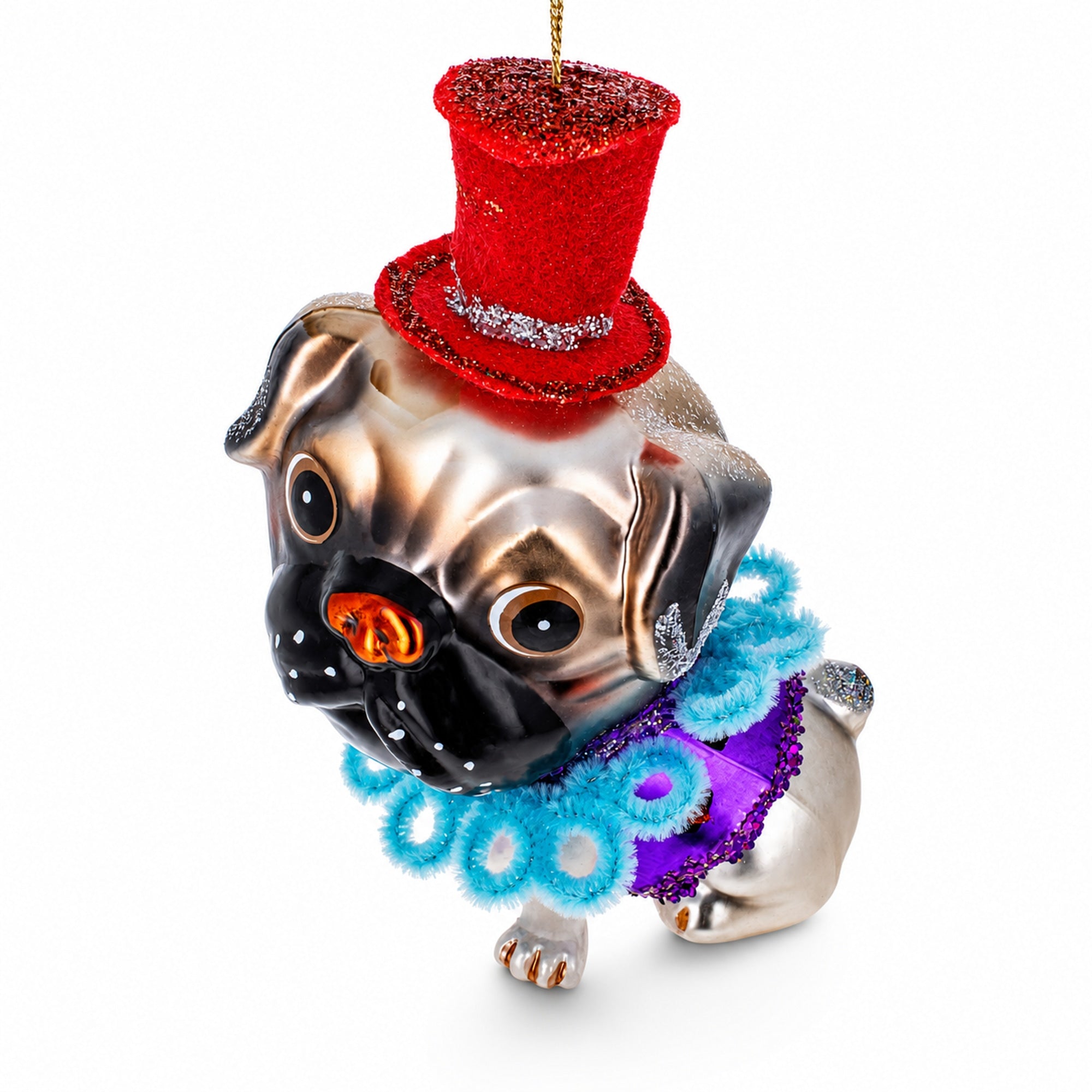 Pug in a Festive Red Hat Glass Christmas Ornament