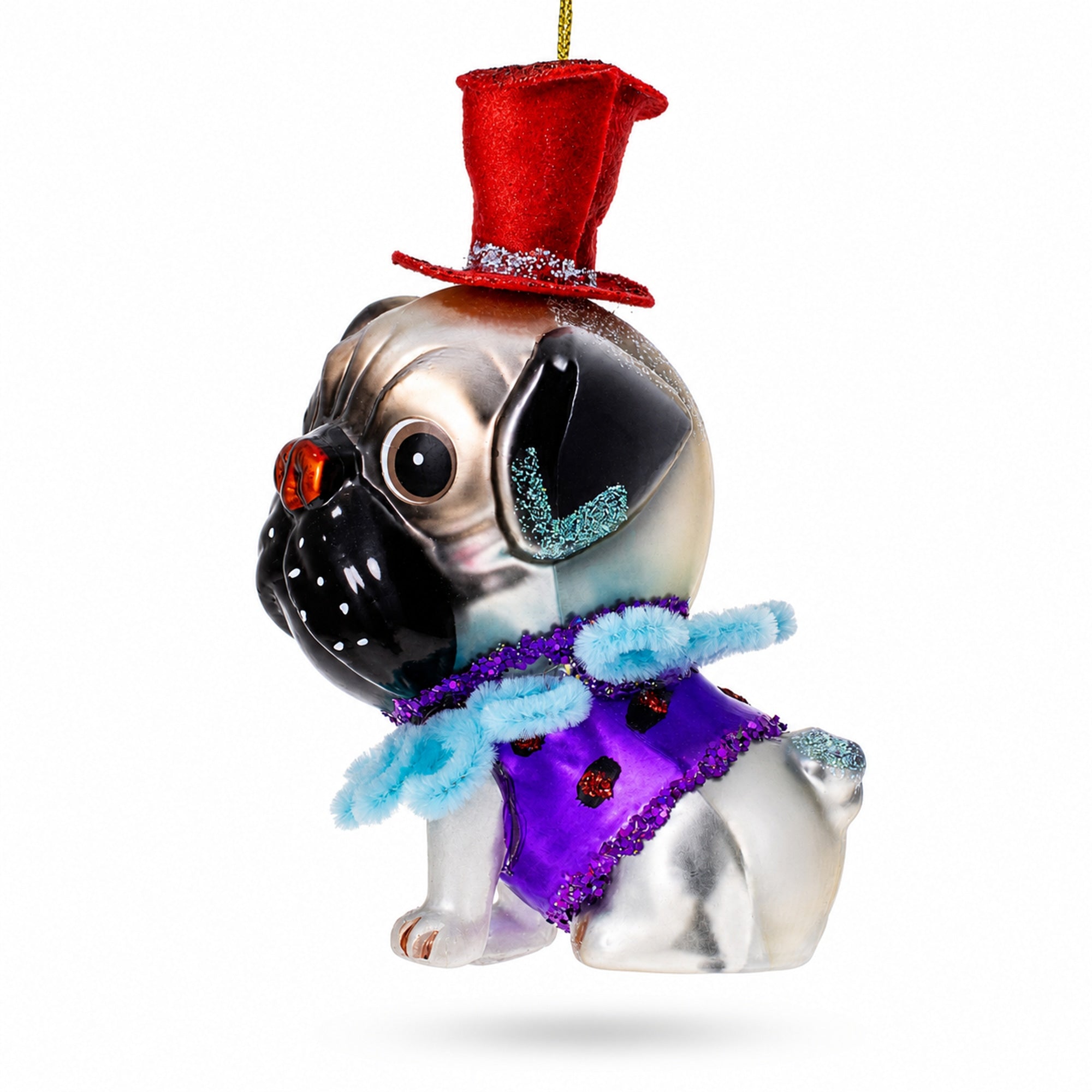 Pug in a Festive Red Hat Glass Christmas Ornament